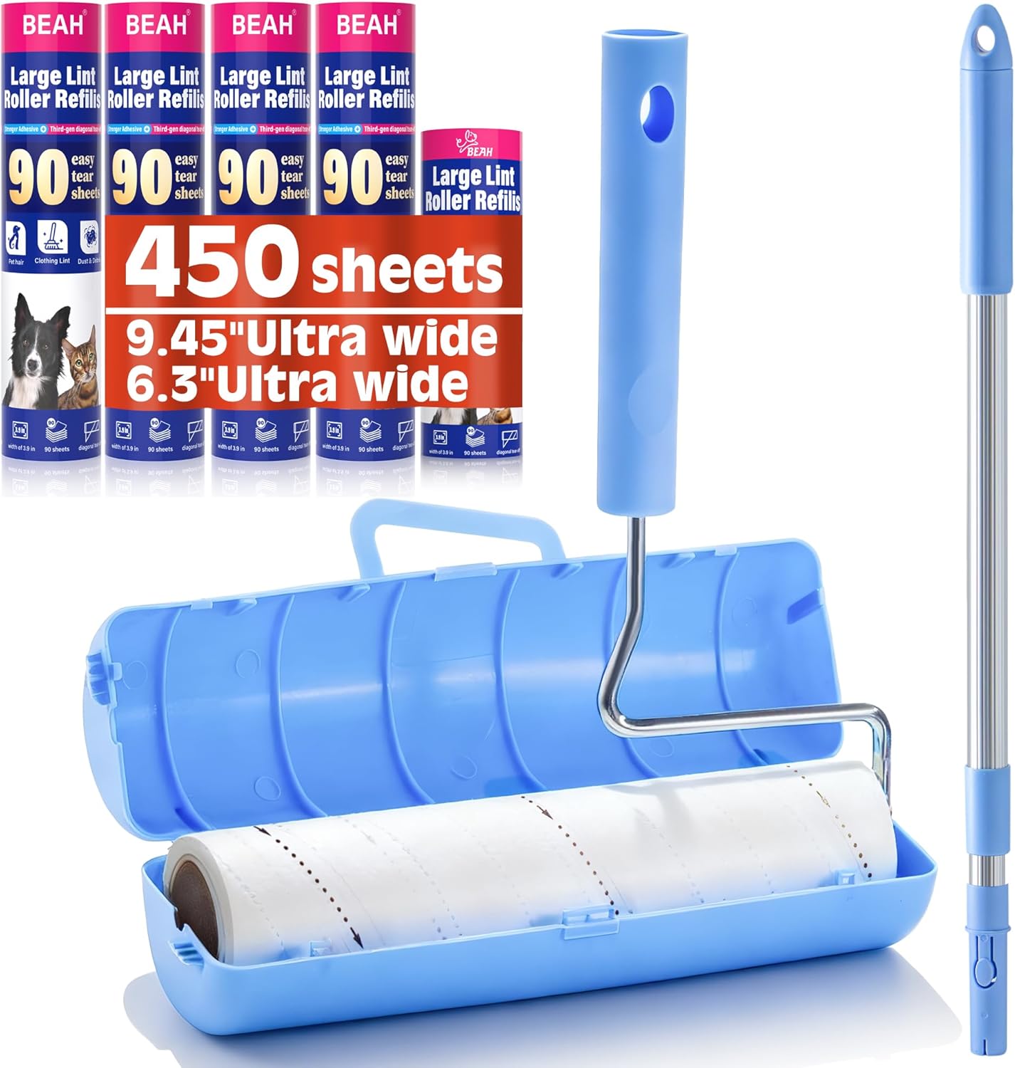Large Lint Rollers for Pet Hair Extra Sticky,9.45''/6.3"Pet Hair Removal Tool Roller for Dog Cat Hair,450 Sheets/5 Refills,Detachable Telescoping Extension Lint Remover Brush for Clothes,Couch,Carpets