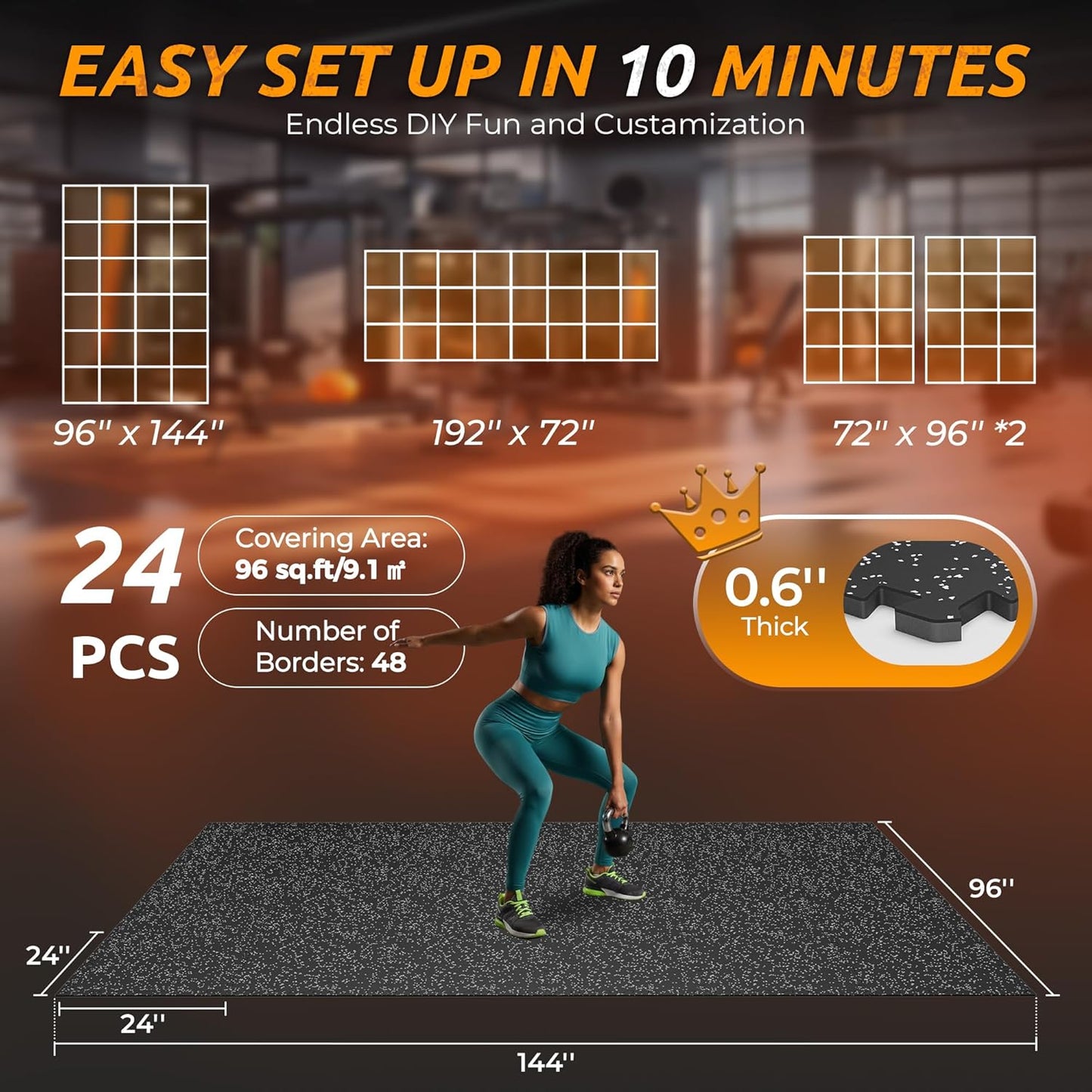 PRAISUN 0.6" Thicker Gym Mat, 24 Tiles 96 Sq Ft Workout Mats, Interlocking Foam Tiles with Rubber Top, High Density EVA Foam, Exercise Mat, Gym Flooring for Home Gym, Garage, 24 x 24in, Black/Grey