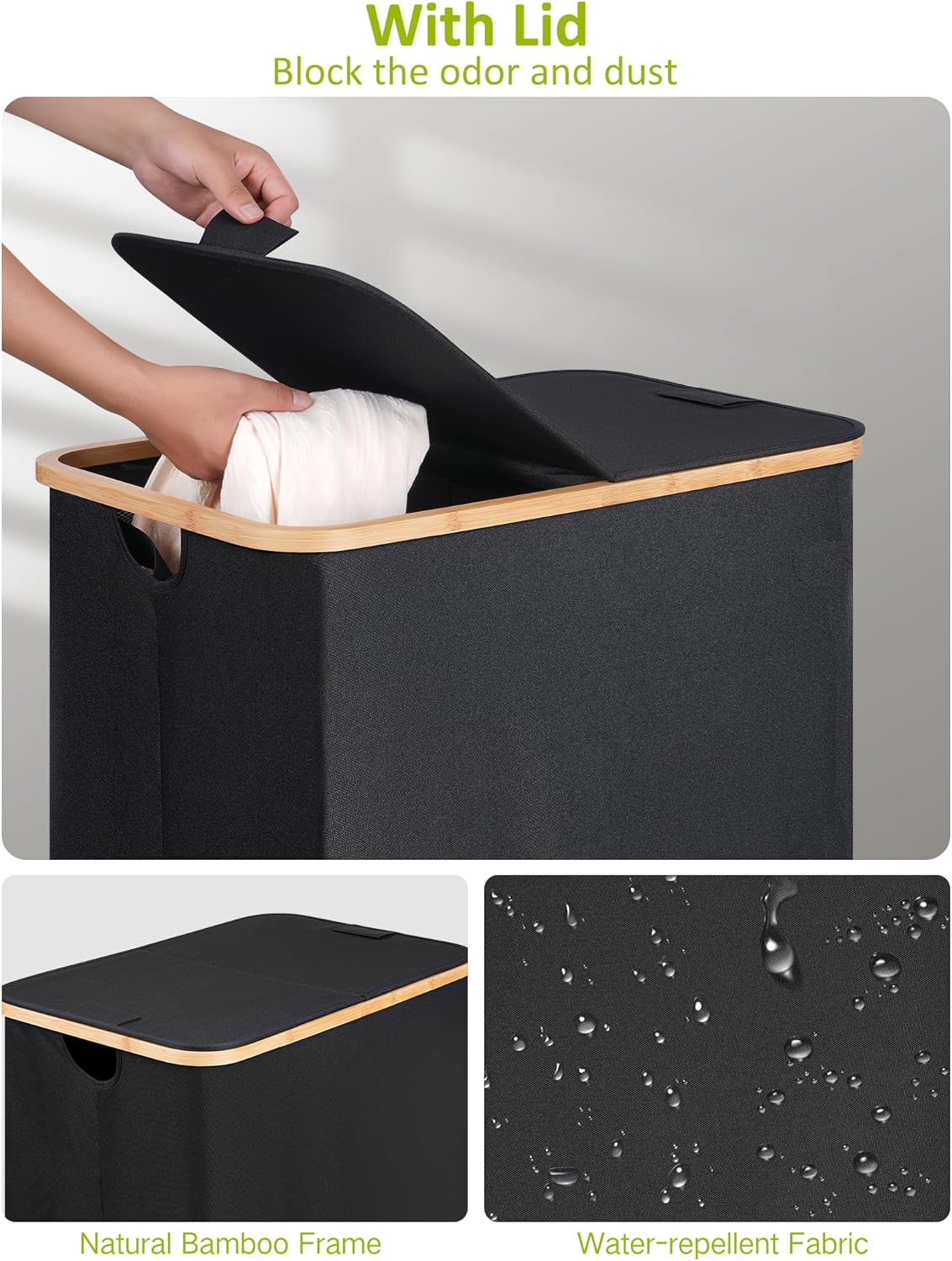 efluky Double Laundry Hamper with Wheels, Divided Laundry Hamper with Removable Bags, 2 Section Dirty Clothes Basket with Handles for Bathroom, Bedroom & Laundry Room, 160L Dark Black