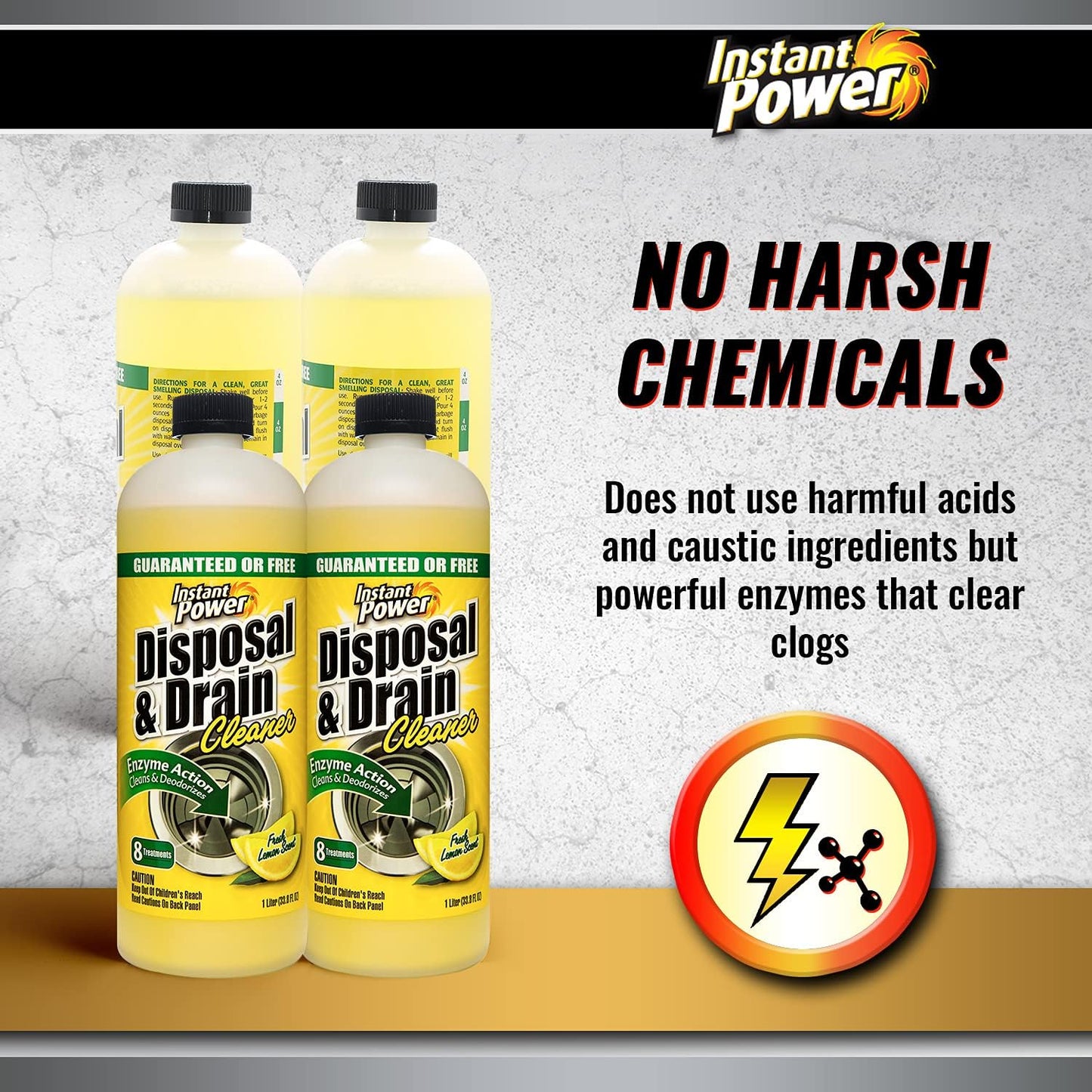 Instant Power Disposal and Drain Cleaner – Liquid Enzyme Clog Remover, Cleans and Deodorizes, Removes Drain Blockages, Fresh Lemon Scent 33.8 Fl oz, 1 Liter 4 Pack