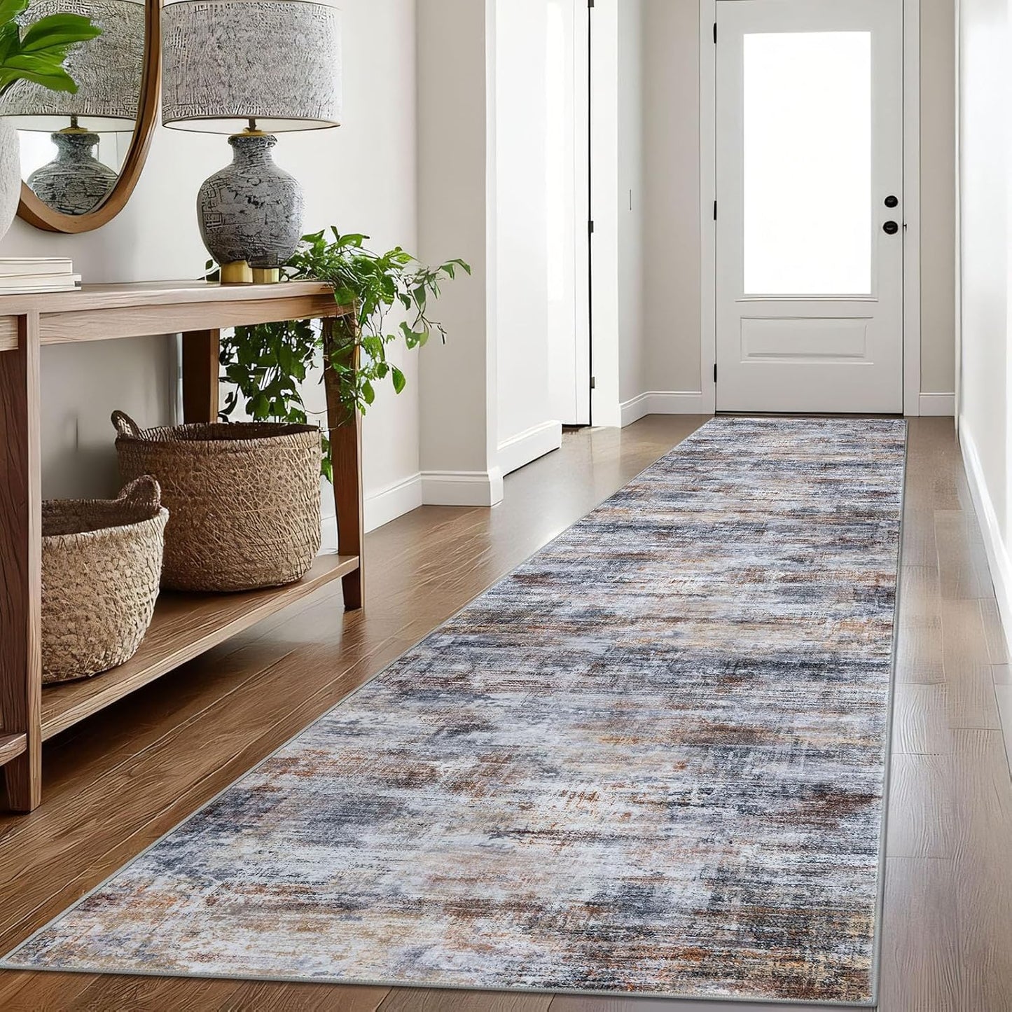 IOHOUZE Abstract Runner Rug 3x16 Ft Washable Runners for Hallways, Non Slip Kitchen Runner Printed Faux Wool Entryway Runner Indoor, Modern Abstract Floor Carpet for Hall Stair, Orange Grey