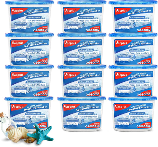 Vacplus Moisture Absorbers 12 Pack, 10.5 Oz, Humidity Absorber Boxes Attracts Extra Moisture from Your Bathroom, Closet, Kitchen, Dehumidifier for Closet (Ocean Scent), Light blue