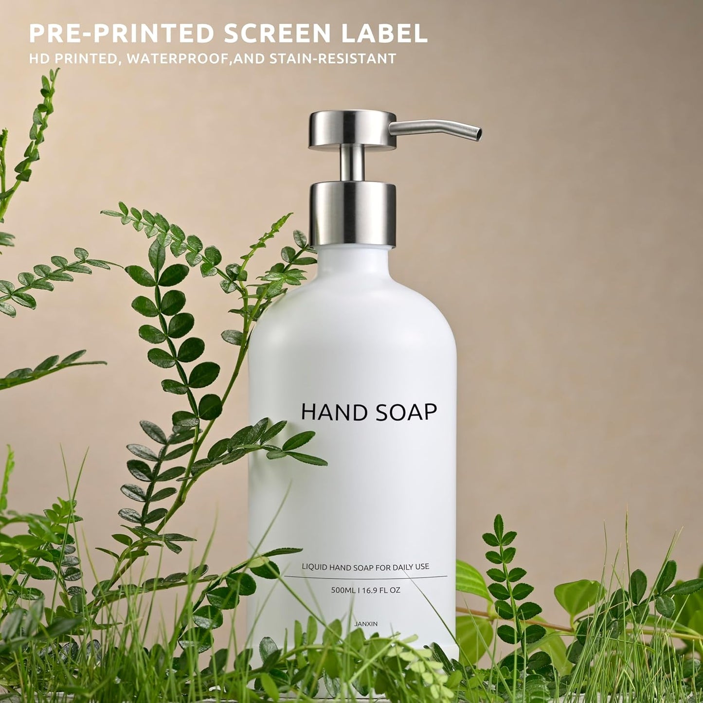 Glass Soap Dispenser Set by Janxin,Bathroom Soap Dispenser Set with Ceramic Tray,Luxury Bathroom Accessories,Modern Kitchen Decor (White+Silver(Hand Soap))