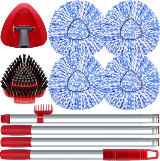 Spin Mop Head and Brush Replacement Compatible with O Cedar RinseClean 2-Tank System, 4 Mop Replace Heads, 1 Handle, 1 Base and 1 Scrub Brush Combo Set