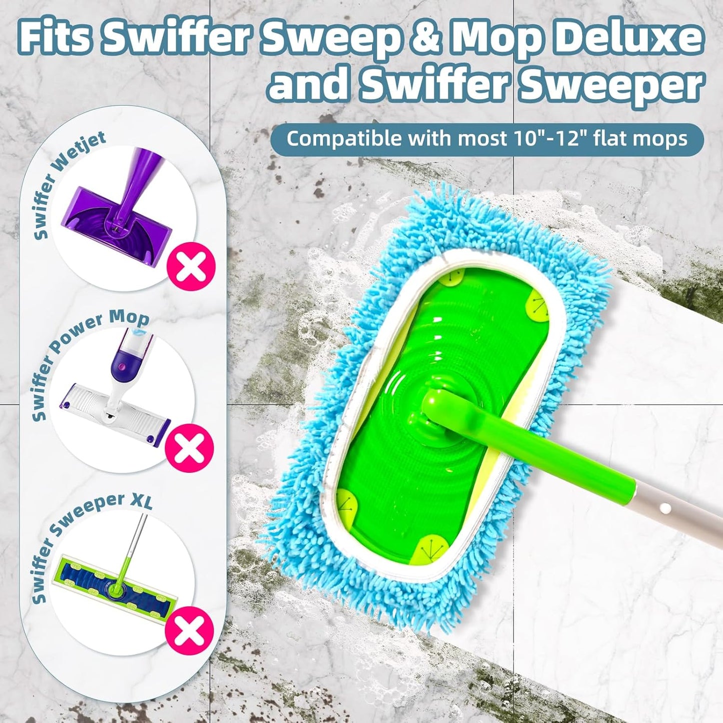 Reusable Mop Pads Compatible with Swiffer Sweeper Mop, Washable Wet Pads Refill & Chenille Dry Sweeping Cloths, Microfiber Mop Pads for Use on All Sealed Floors - Wood, Laminate, Stone & Tile (6 Blue)