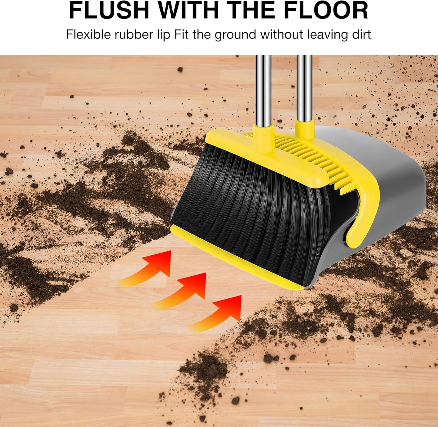 NACENA Broom and Dustpan Set, 52-in Long Adjustable Handle Broom Dustpan Combo with Dustpan Teeth to Automatically Clean Hair Suitable for Home Kitchen Office Hall Floor (Grey&Yellow), 4 Pack