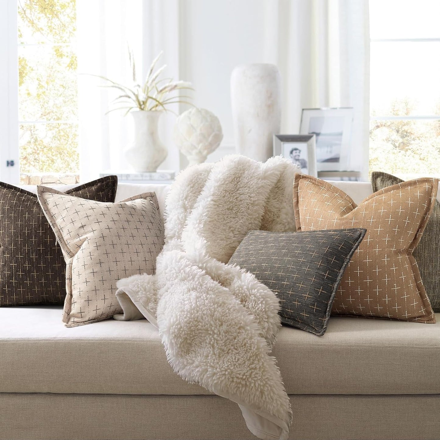 ZWJD Throw Pillow Covers 16x16 Set of 2 Soft Polyester Textured Pillow Covers with Stylish Flange Edge Cozy Farmhouse Throw Pillows for Couch Bed Sofa Living Room