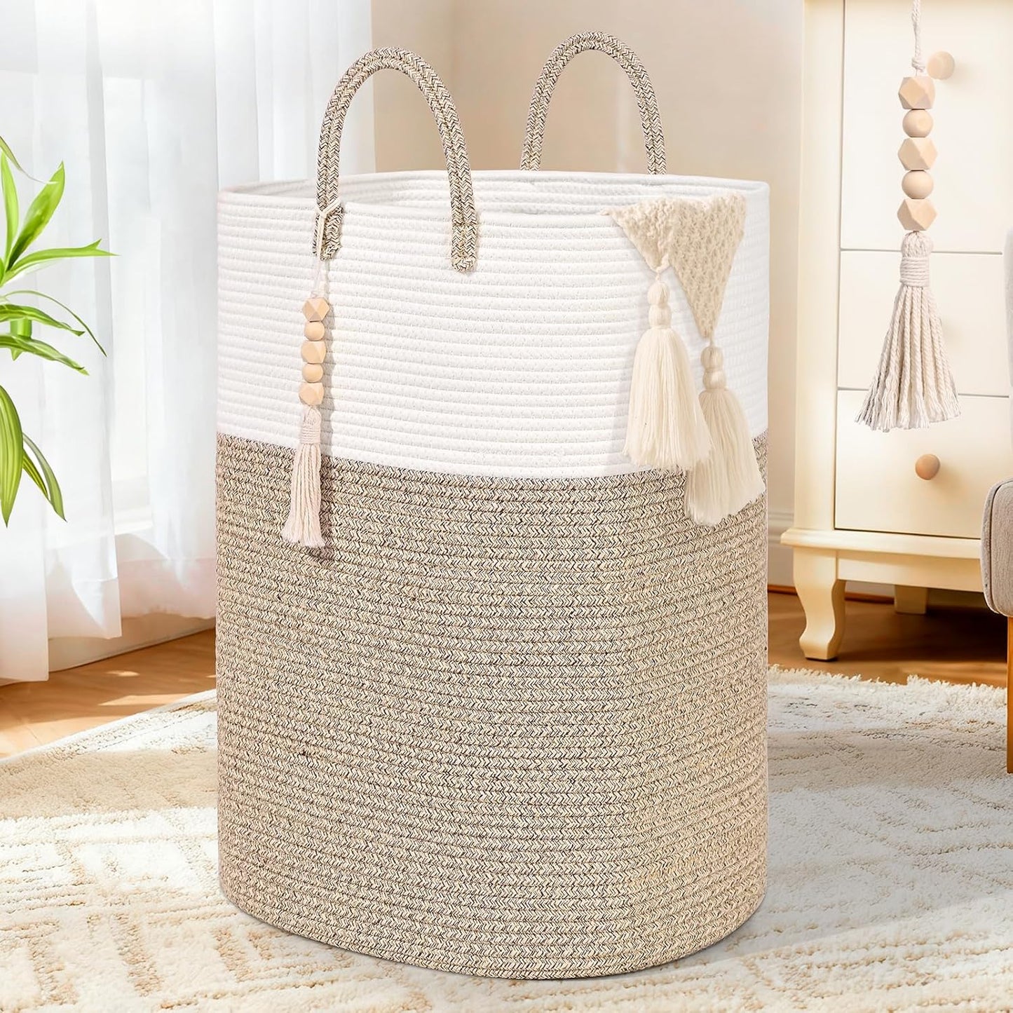 Woven Laundry Basket for Clothes, 50L Large Rectangle Laundry Hampers with Beads Tassel, Nursery Storage Basket for Toys, Tall Dirty Clothes Hamper for Bedroom Aesthetic, Laundry Room Organization