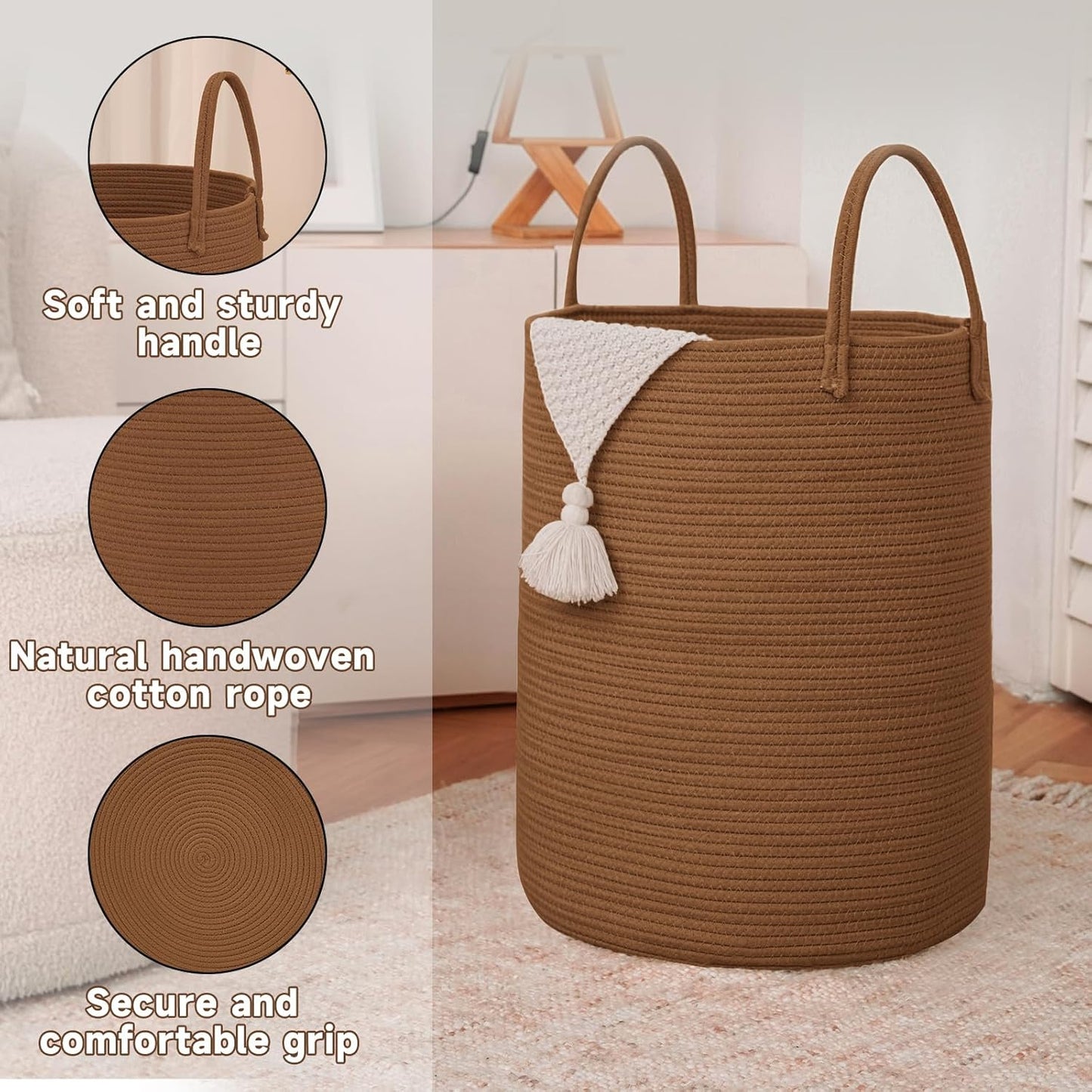 Large Woven Laundry Basket Hamper,80L Cotton Rope Storage Bin for Blankets,Toys and Clothes,Decorative Tall Nursery Hamper for Living Room,Baby Nursery,Bathroom and Bedroom,Golden Jute