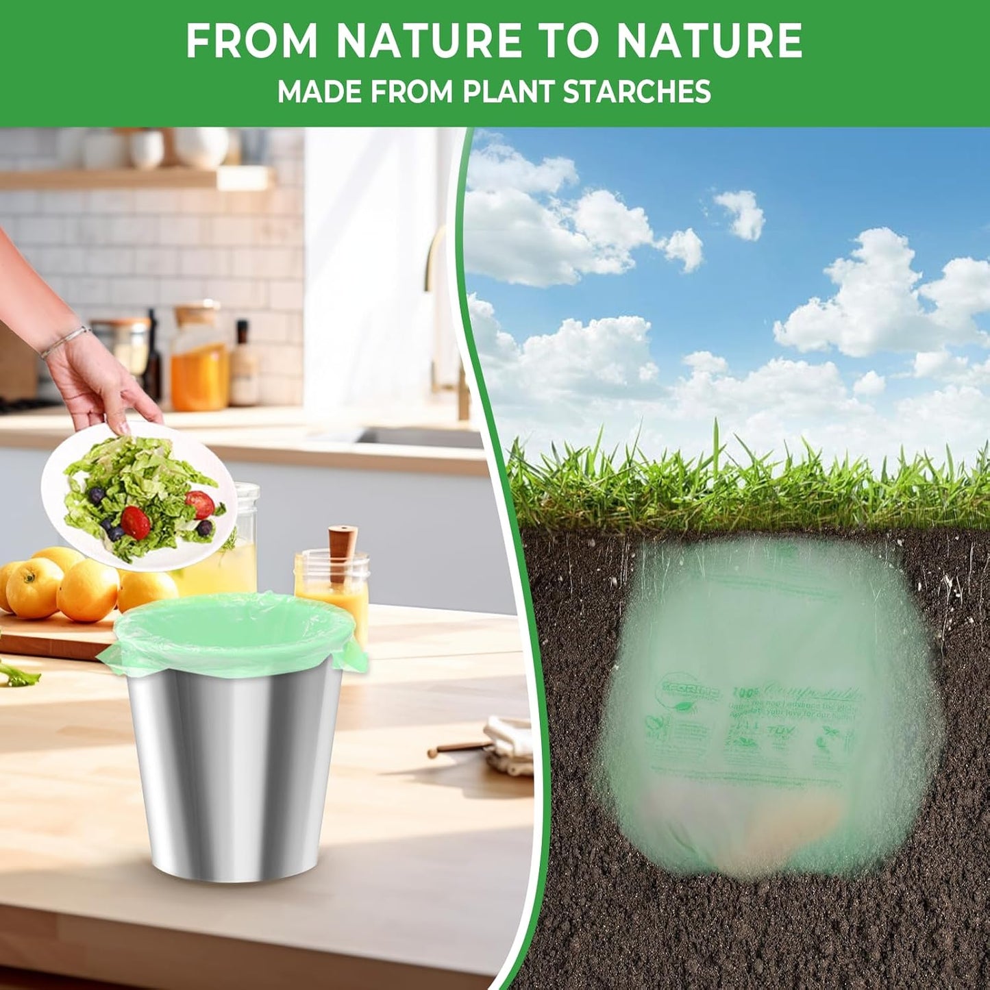 1.6 Gallon Handle Tie Compostable Food Scrap Bags For Counter Top Compost Bin, Small Compost Bags, 80 Count, 6 Liter, BPI & OK compost INDUSTRIAL Certified