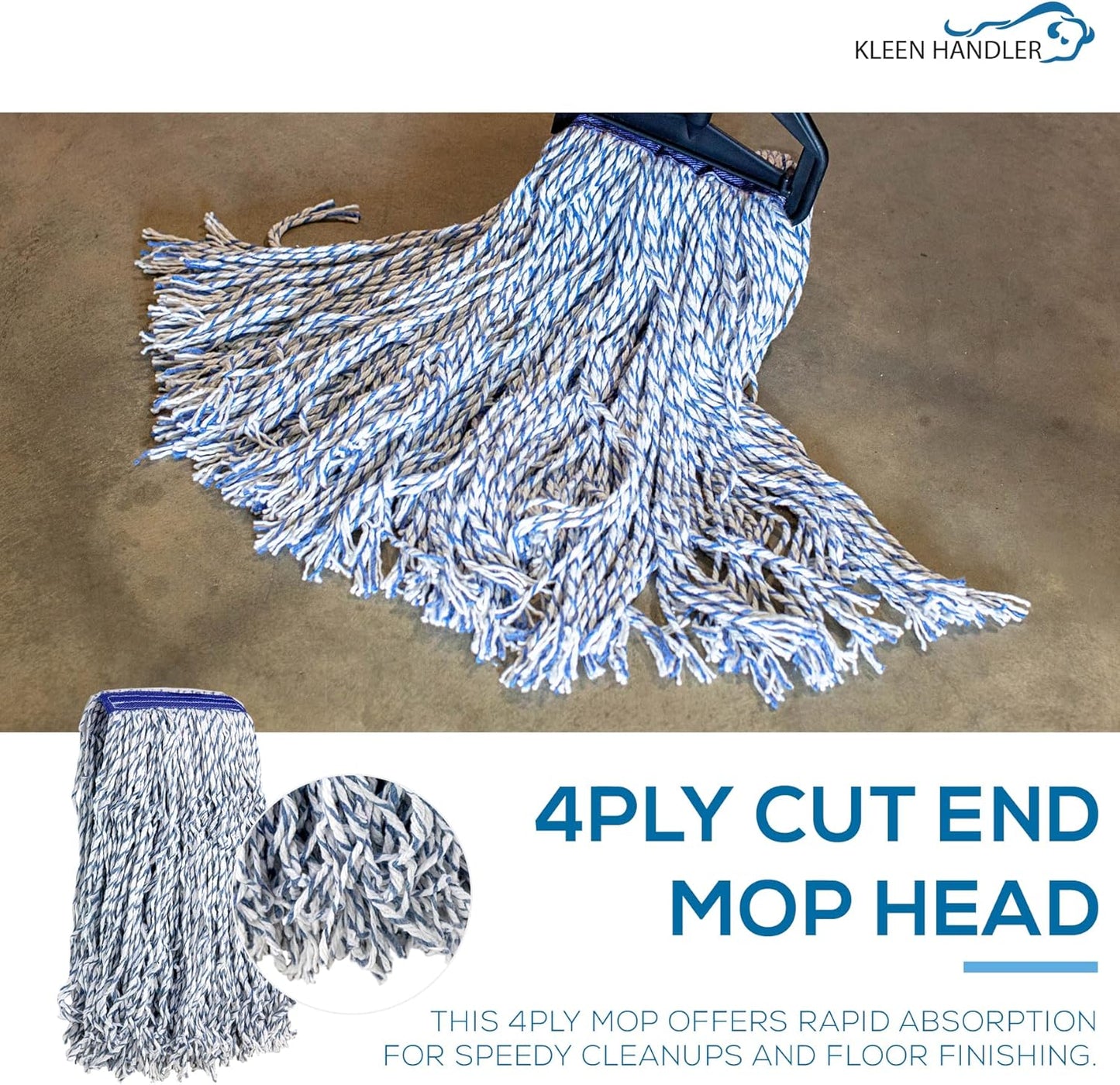 KLEEN Handler Cut End Finish Mop | 1.25" Universal Headband Maximum Absorption Finishing Mop, Pack of 3