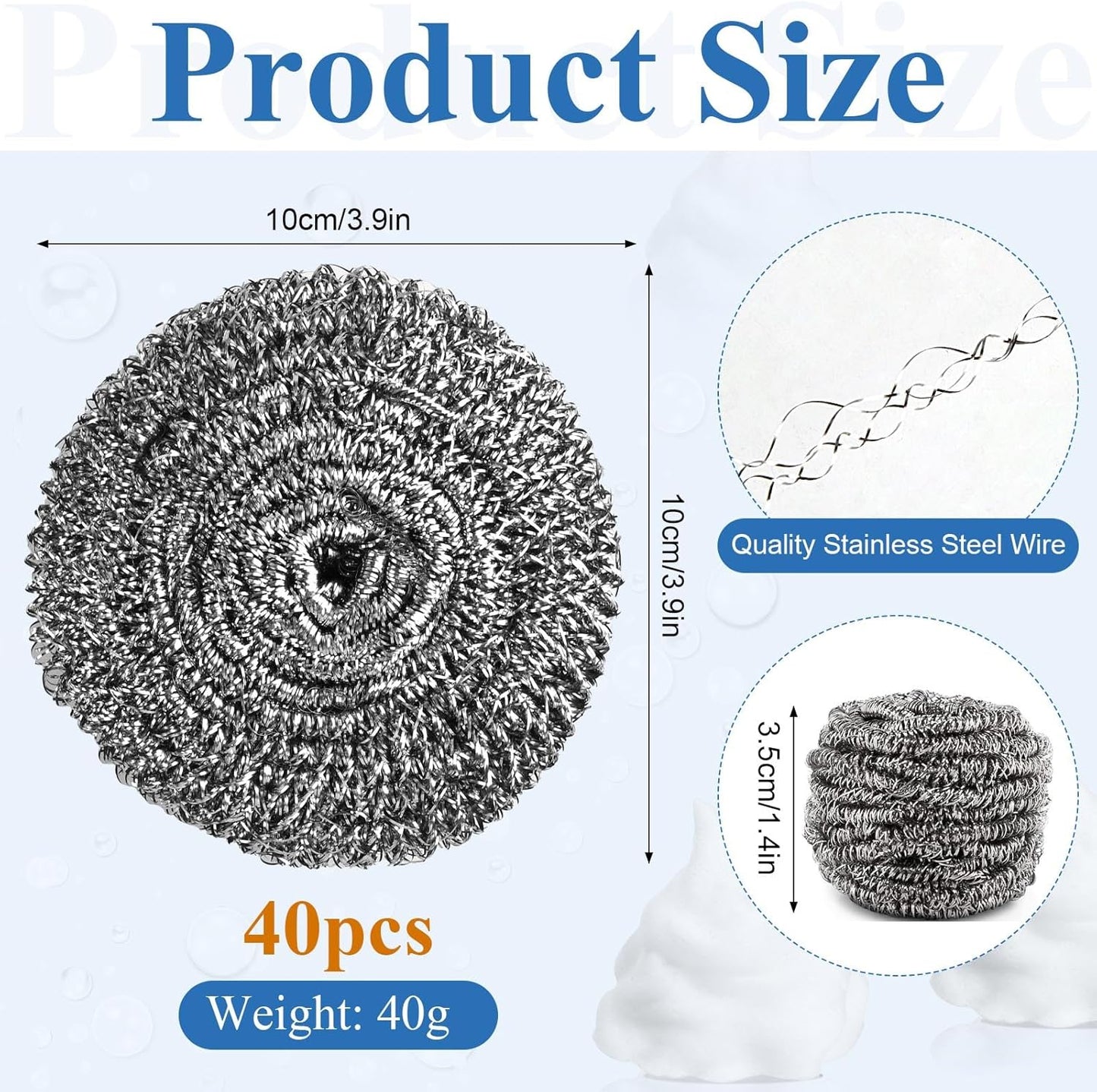 40 Pcs Stainless Steel Scrubber Bulk, Heavy Duty Steel Wool Scrubber 40 Gram, Large Metal Sponge Wire Scouring Pad for Tough Cleaning Kitchen Cookware, Removing Rust Dirty