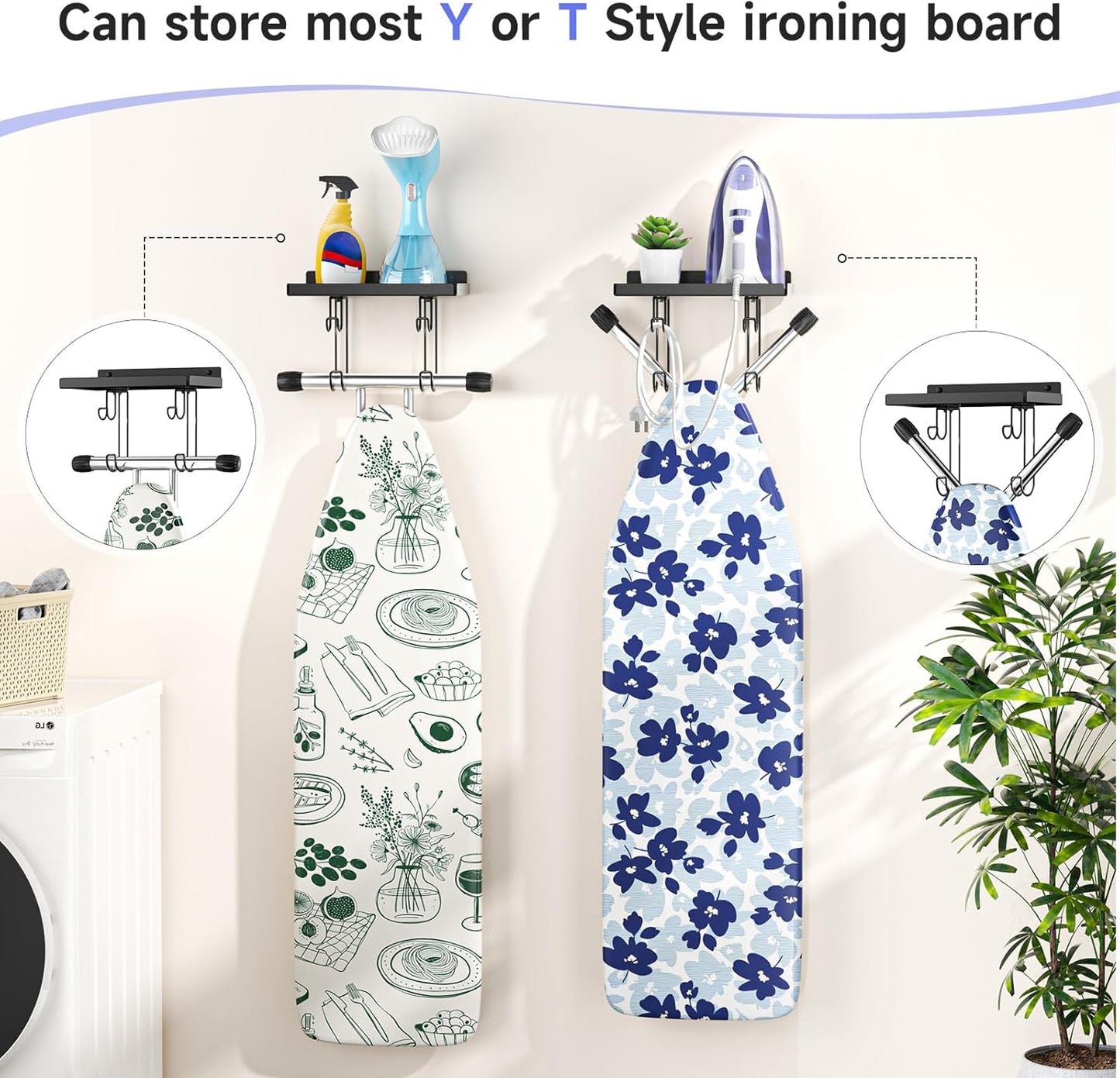 Ironing Board Holder Wall Mount, Ironing Board Hanger with Storage Shelf, Iron Board Holder for Wall, T&V Shaped Iron Board Hanger, Irons Storage for Laundry Room