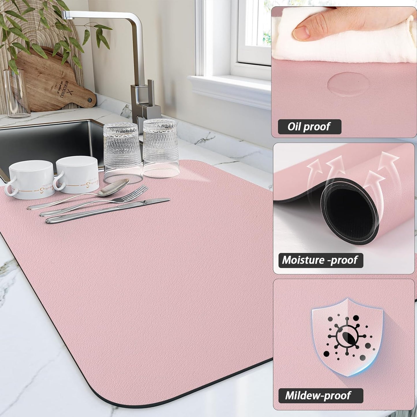 Dish Drying Mat for Kitchen Counter, Heat Resistant Drainer Mats with Non-slip Rubber Backed, Hide Stain Kitchen Super Absorbent Draining Mat, Easy to Clean Dish Rack Pad, Pink 16"x18"