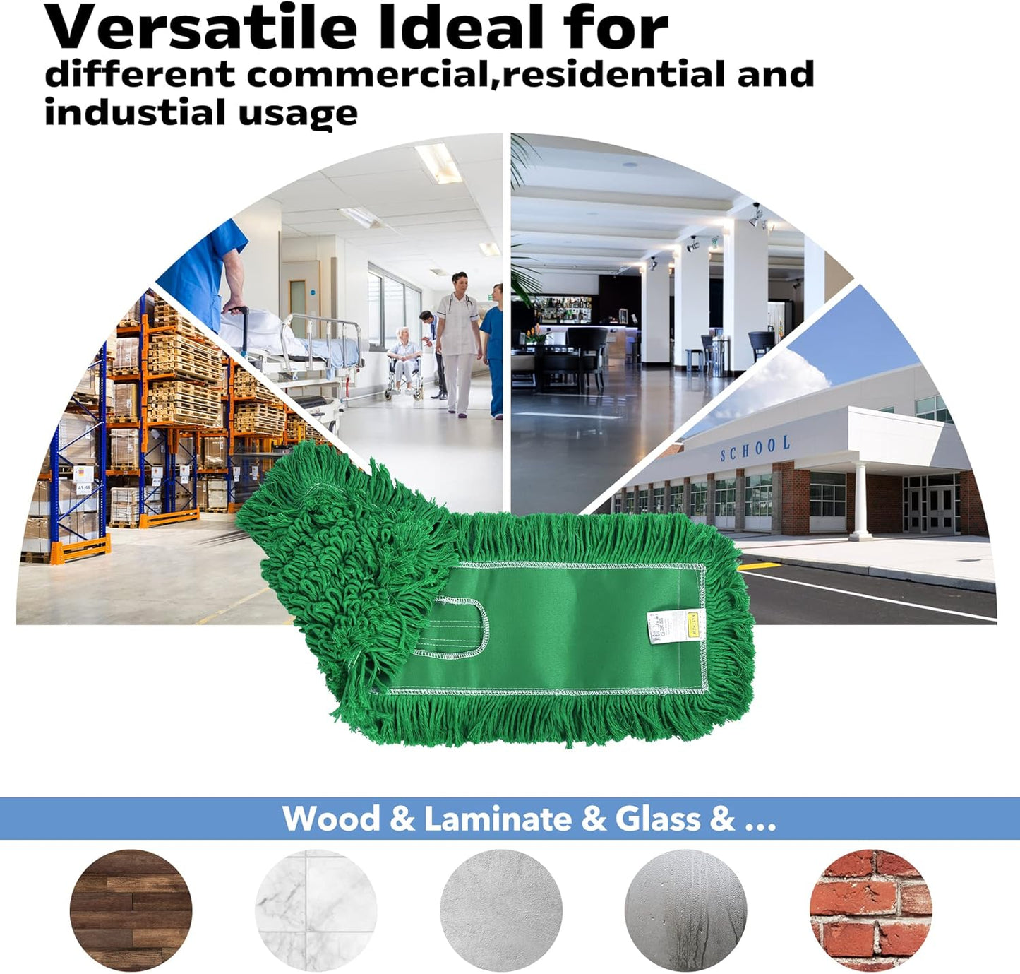 Matthew Cleaning 24'' Industrial Strength Cotton Dust Mop Refill Washable Replacement Heads for Residential & Commercial Use Fit Standard Dust Mop Frames, Hardwood,Concrete Floors Green 1 Pack