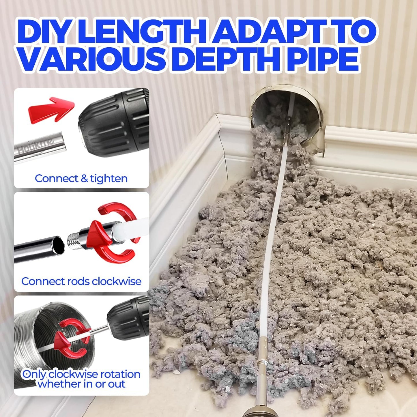 Holikme 16 Feet Dryer Vent Cleaner Kit, Lint Remover,Fireplace Chimney Brushes, Extends Up to 16 Feet, Synthetic Brush Head, Use with or Without a Power Drill