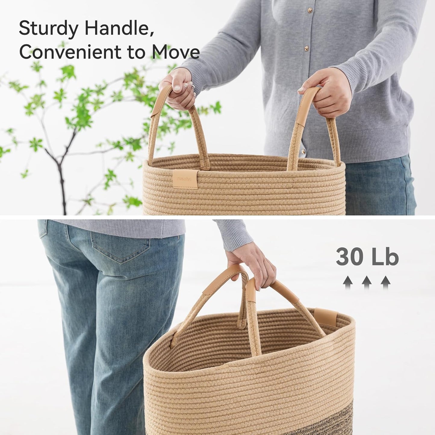 75L Striped Laundry Hamper with Leather Handles,Large Foldable Laundry Basket for Clothes,Cotton Rope Storage Bin for Blankets,Woven Clothes Basket for Bedroom,Dark Brown Stripes