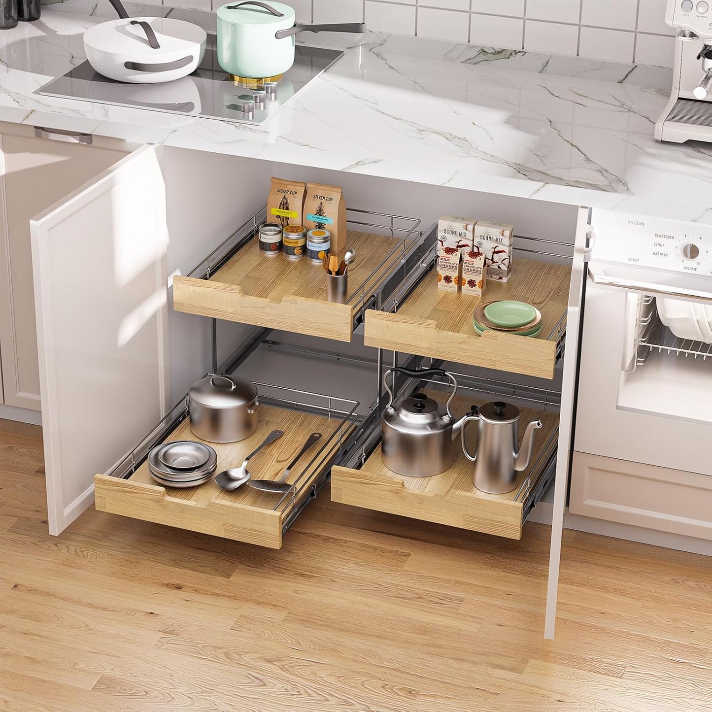 Pull Out Cabinet Organizer,Heavy-Duty Slide Out Shelf, Wood and Wire Basket, Pull Out Drawer for for Kitchen Under Sink Space, Pantry, Bathroom, 2 Tie 23 * 21 in
