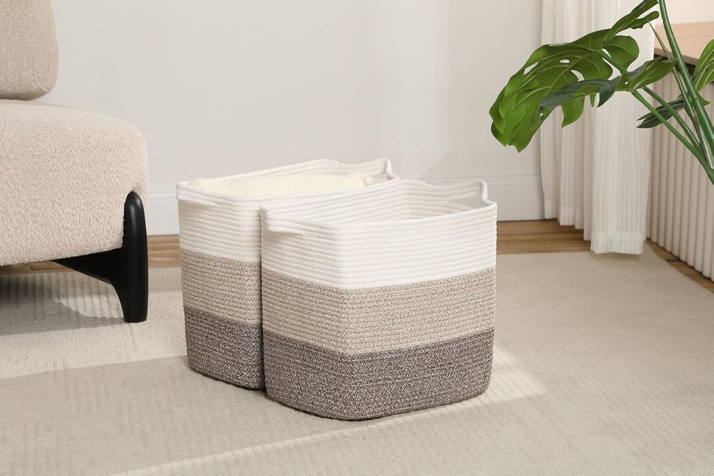 Storage Baskets for Clothes Fabric Cotton Rope Storage Basket with Handles, Decorative Woven Basket for Living Room,Closet Organizer Blankets, and 2bags (Gradient Brown, L17.8×W12.5×H17.9)