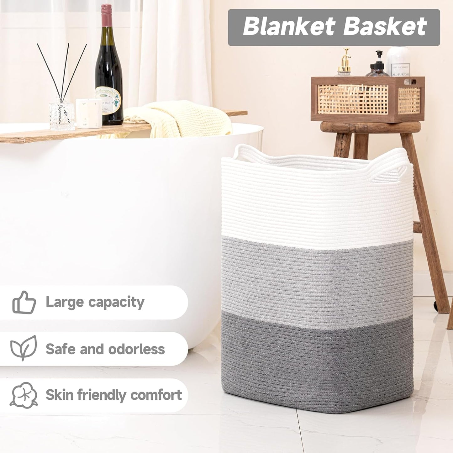 CLHMILY&Z 75L Laundry Basket Rectangular Grey Rope - 16x13x22 Inches - Dirty Clothes and Soft Storage Bin for Blankets, Toys, and Nursery Essentials