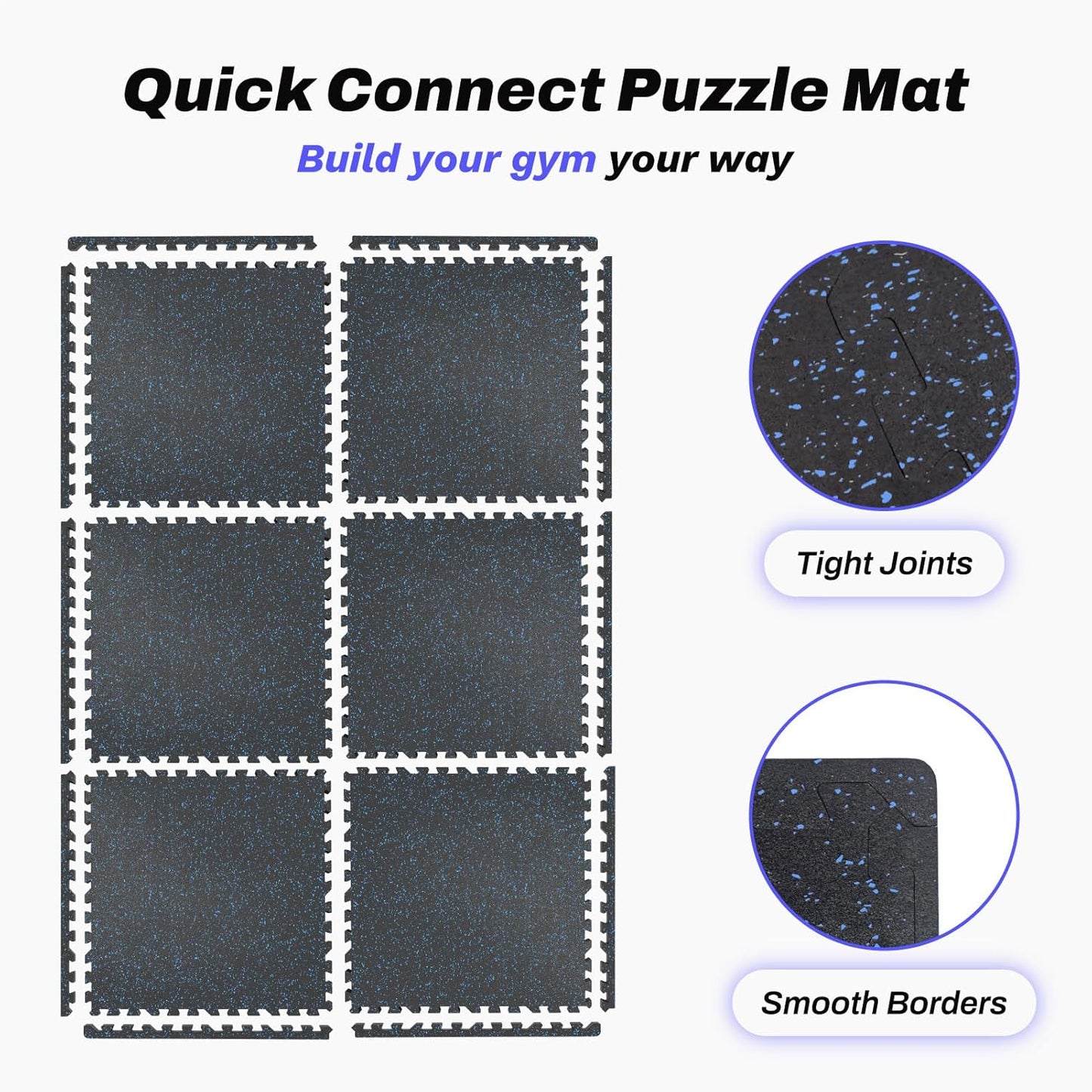 AIRHOP 0.56in Thick 24 Sq Ft Exercise Equipment Mats, 6 Tiles Upgraded Rubber Top with High Density EVA Foam, Large Interlocking Puzzle Gym Flooring for Home Gym, Heavy Weight Workout,Black & Blue