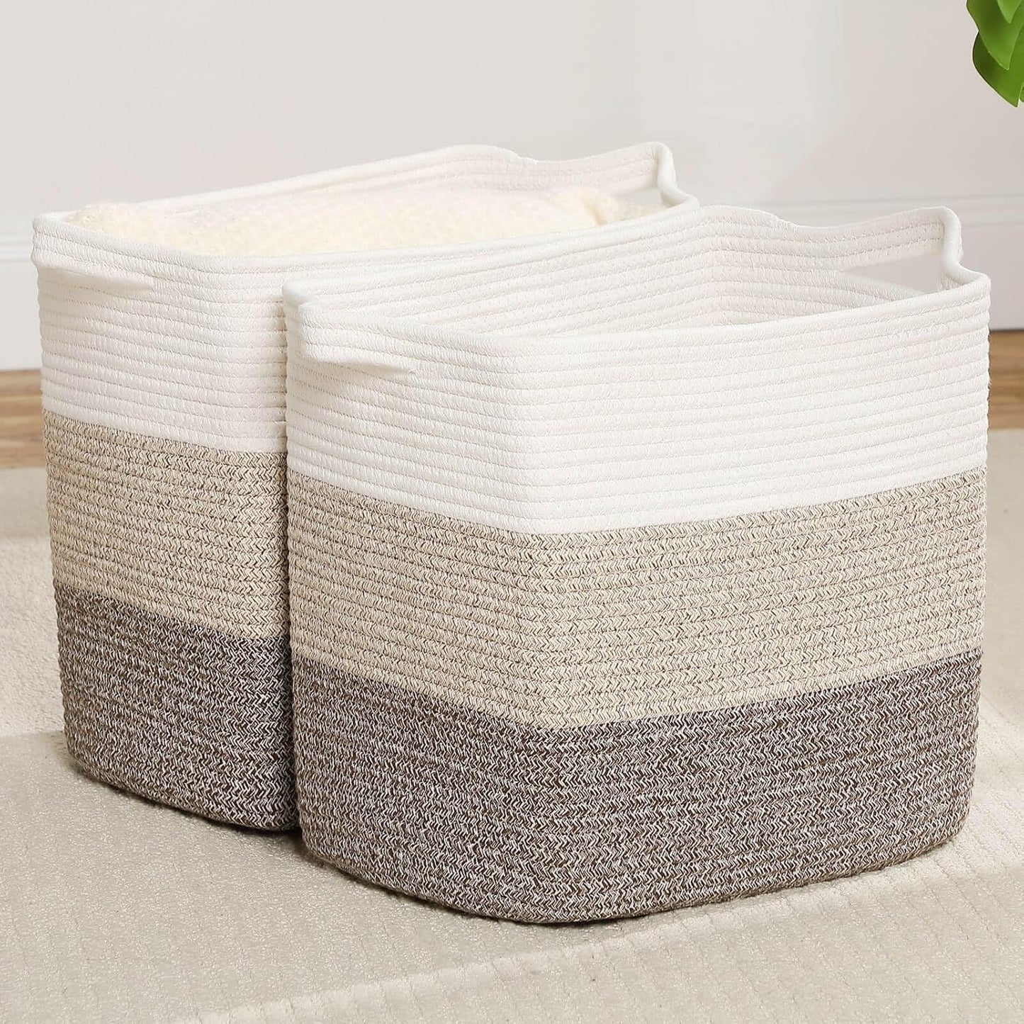 Tall Storage Bins for Clothes Fabric Cotton Rope Storage Baskets with Handles, Decorative Woven Basket for Living Room,Closet Organizer Blankets, and 2bags (Gradient Brown, L16×W11.4×H15.9)