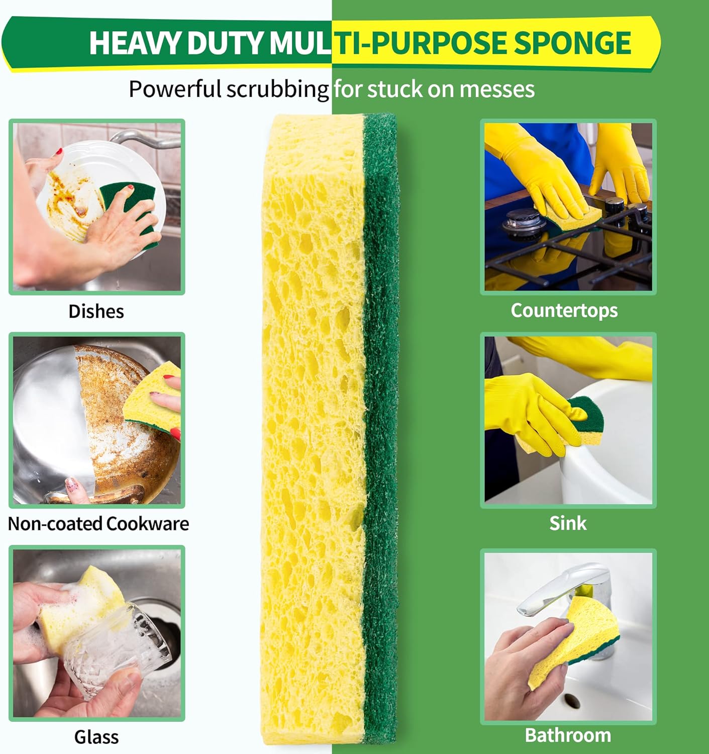HOMERHYME Heavy Duty Scrub Sponge 24 Pack, Eco Cellulose Kitchen Dish Sponge Multipurpose Ergonomic for Washing Dishes, Uncoated Cookware & Household Cleaning.