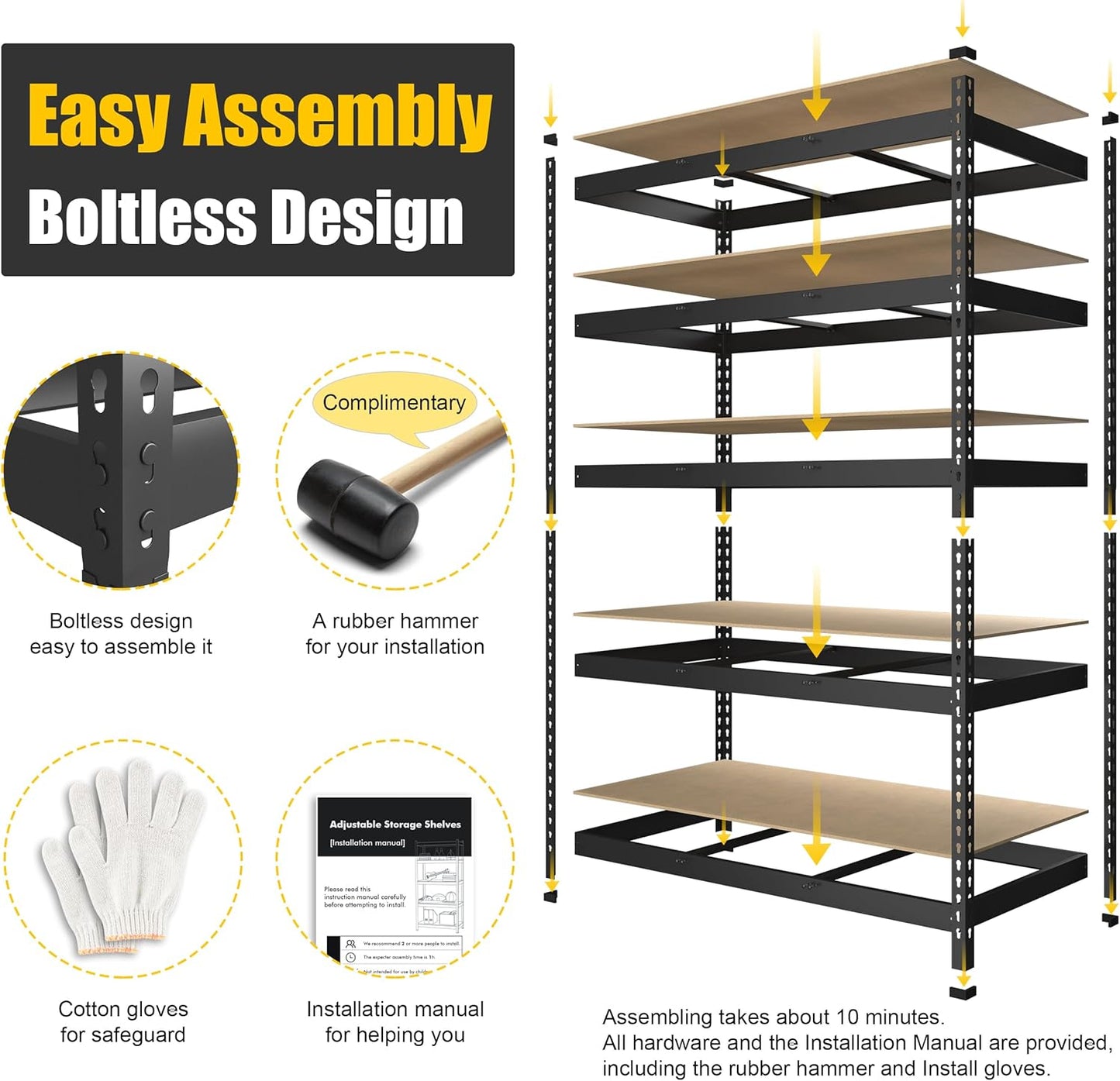 PrimeZone 10 Pack Heavy Duty Storage Shelves - 47" W x 18" D x 71" H 5 Tier Adjustable Garage Storage Shelving, Metal Storage Utility Rack Shelf Unit for Warehouse Pantry Closet Kitchen, Black