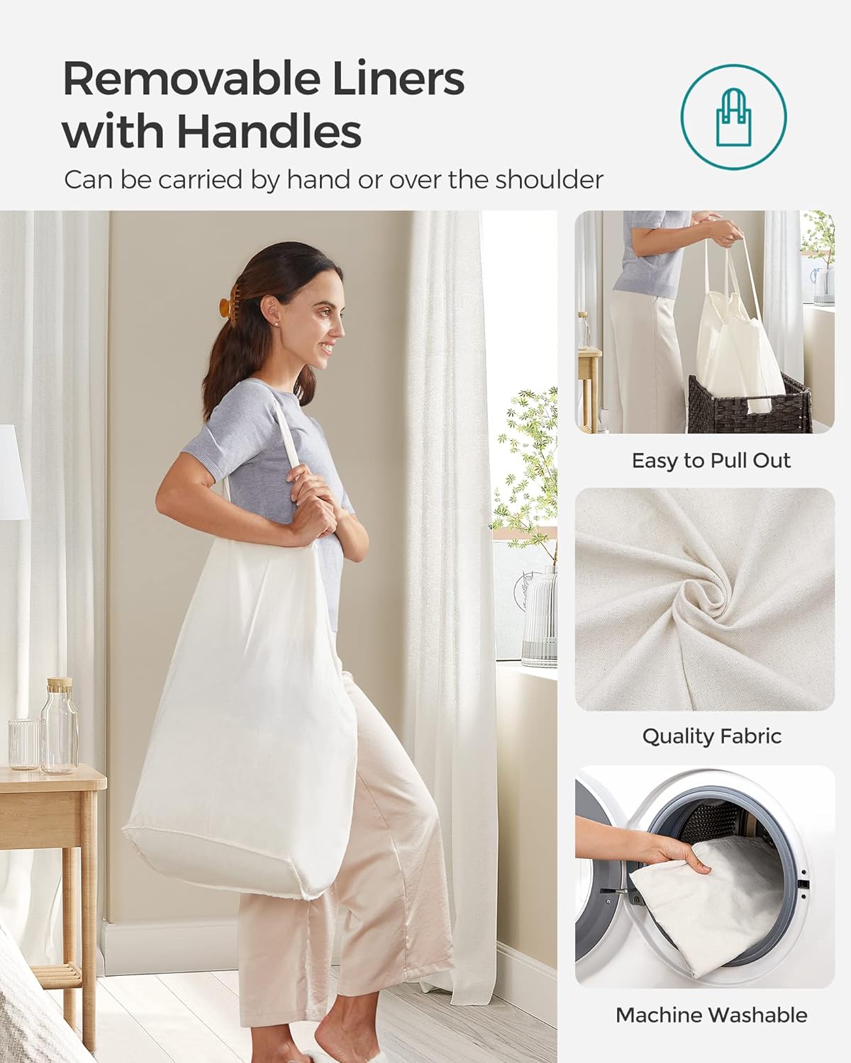 SONGMICS Laundry Hamper with Lid, 90L Clothes Hamper with 2 Removable Liner Bags, 6 Mesh Bags, Wicker Laundry Basket, Double Laundry Hamper for Bathroom, 13 x 18.1 x 23.6 Inches, Brown ULCB251K01V1