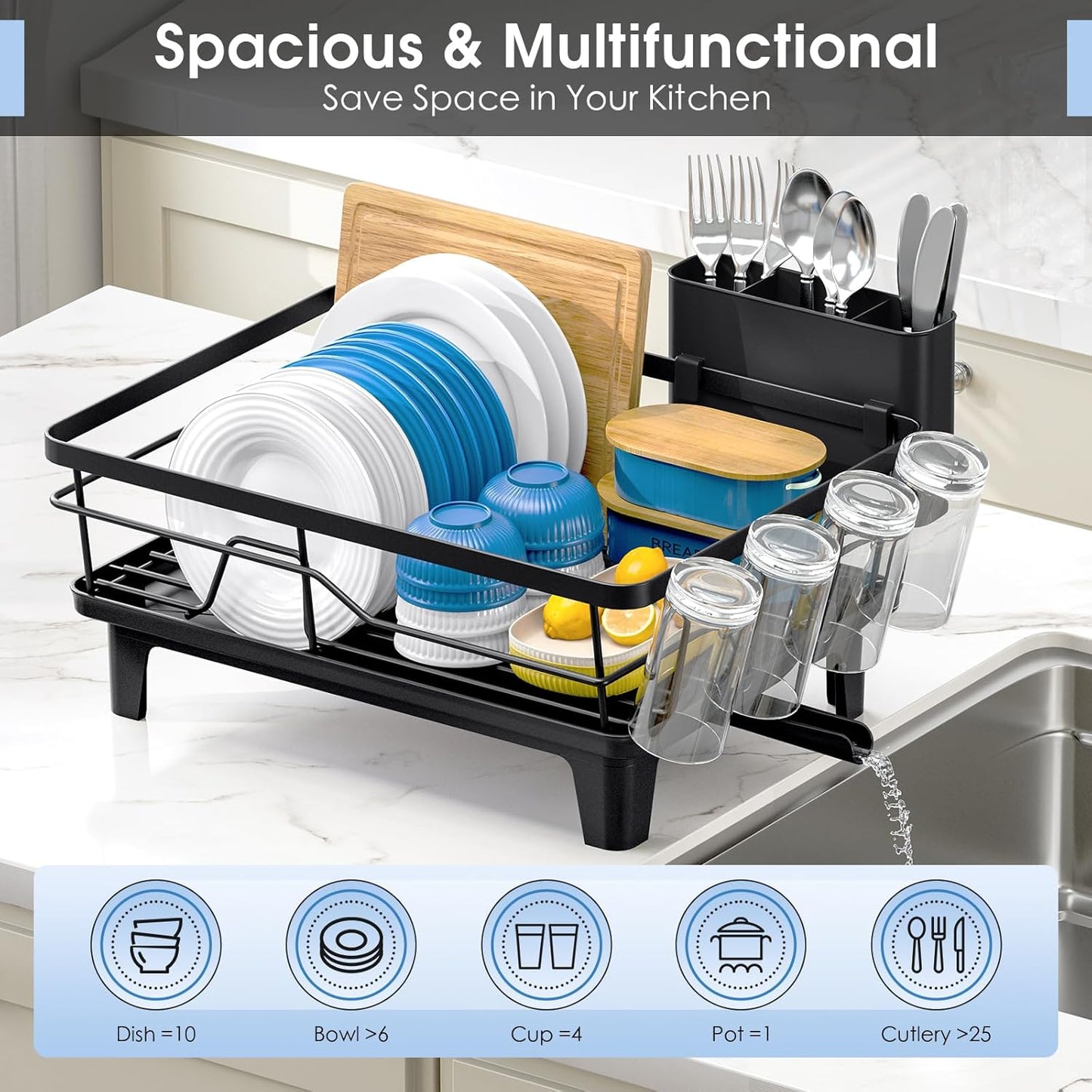 Dish Drainers for Kitchen Counter - Large Capacity Dish Drying Rack with Drainboard, Rustproof & Sturdy Design, Black Dish Rack Perfect for Plates, Cups & Kitchen Countertop Organization