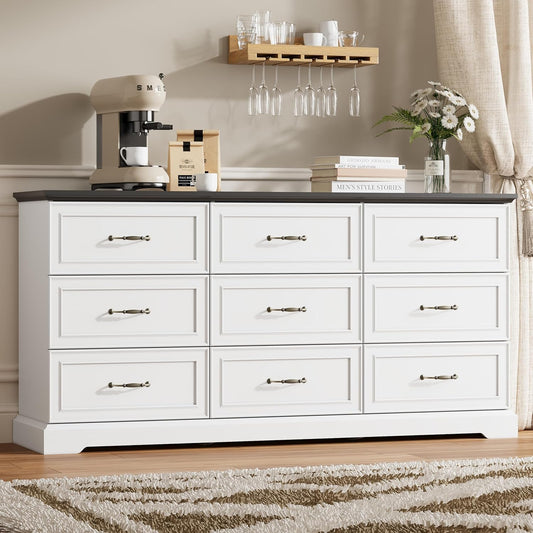 9 Drawer Dresser for Bedroom, 63" Wide Wooden Chest of Drawers, Rustic Farmhouse Dresser with Large Drawers & Metal Handles, Modern Storage Organizer for Closet, Living Room, Hallway, White
