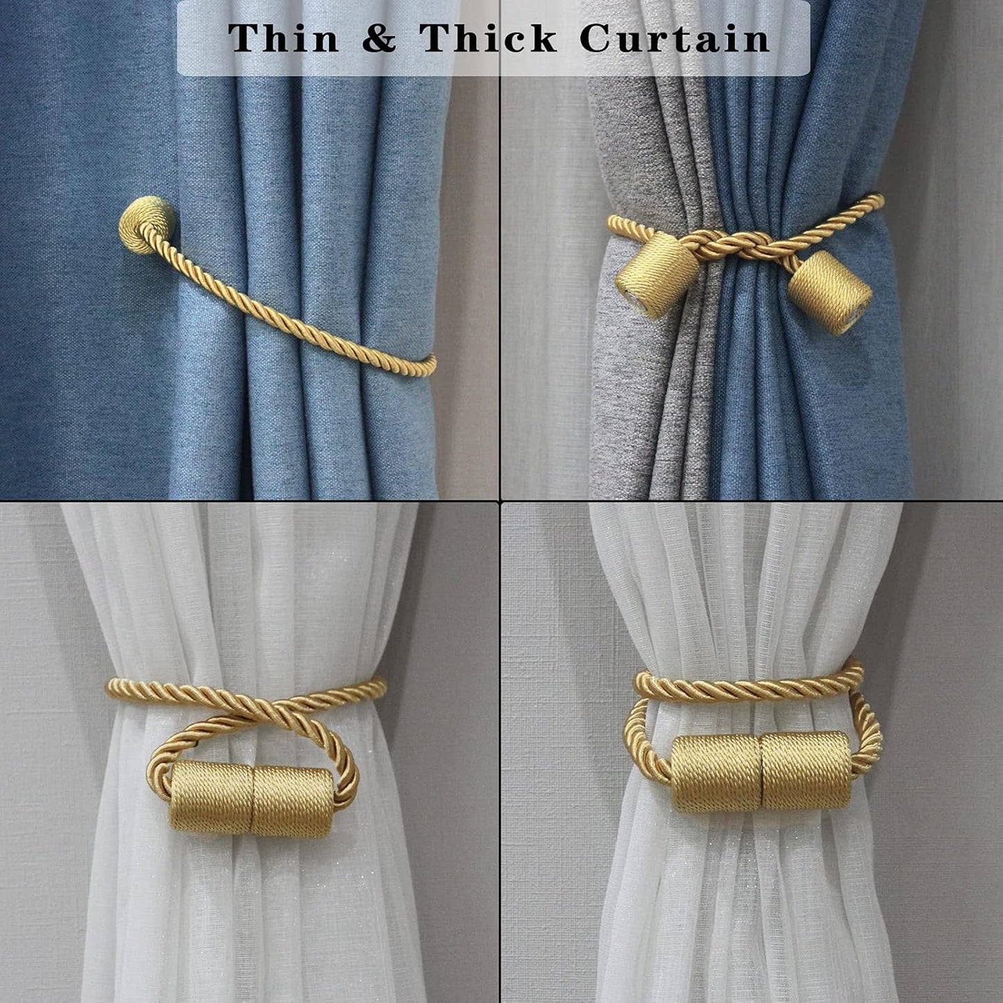 6 Pack Gold Strong Magnetic Curtain Tiebacks Outdoor Elegant Decorative Tie Backs Modern Rope Tiebacks for Drapes Window Curtain Holdbacks for Draperies