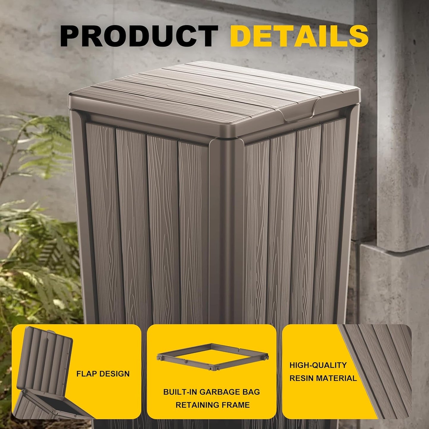 EasyUp Outdoor Trash Can with Lid, Waterproof and Sunscreen Resin Garbage Cans, Outside Trash Bin for Patio, Kitchen, Deck or Backyard(Grey)