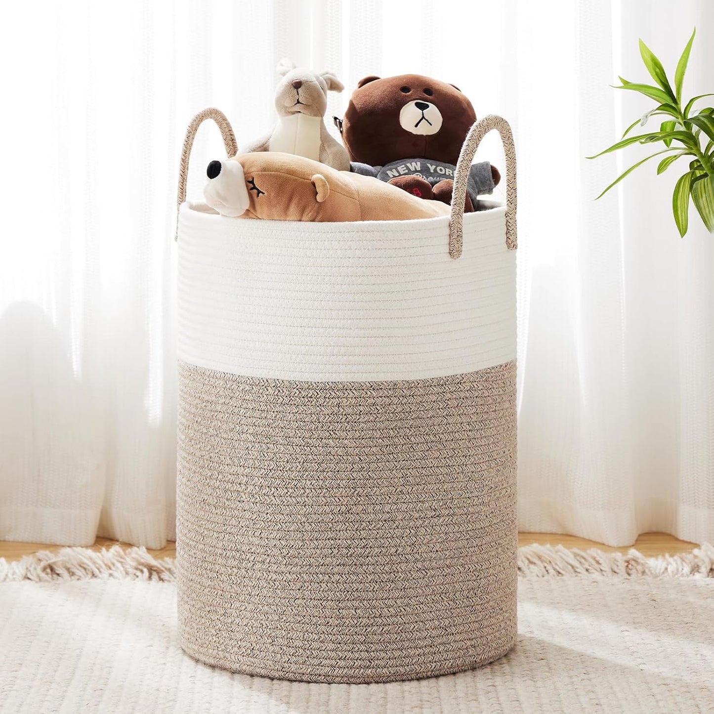 YOUDENOVA Woven Rope Laundry Hamper Basket, 72L Tall Luandry Basket, Baby Nursery Hamper for Blanket Storage in Bedroom-Large-Brown