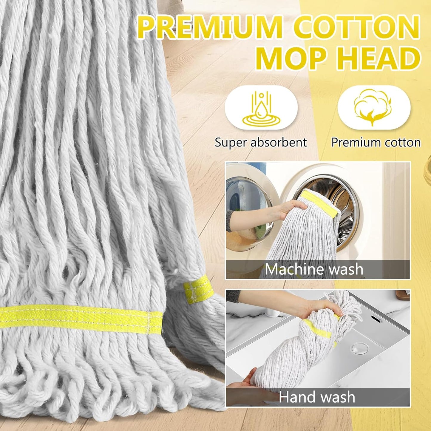 Beyoco Heavy Duty Commercial Mop Industrial Cotton Mop with Long Handle,Looped-End String Wet Mops for Home,Garage,Office, Workshop, Warehouse Floor Cleaning, 2 Pack,Yellow