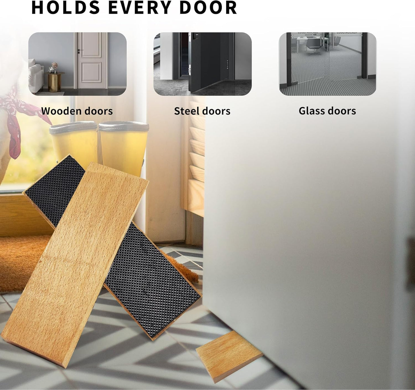 2 Pack Wooden Door Stop - Non-Slip Door Stoppers for Floor - Door Wedges for All Door Types and Surfaces - Each Door Stopper 0.6inch Thick, 4.7inch Long with Rubber