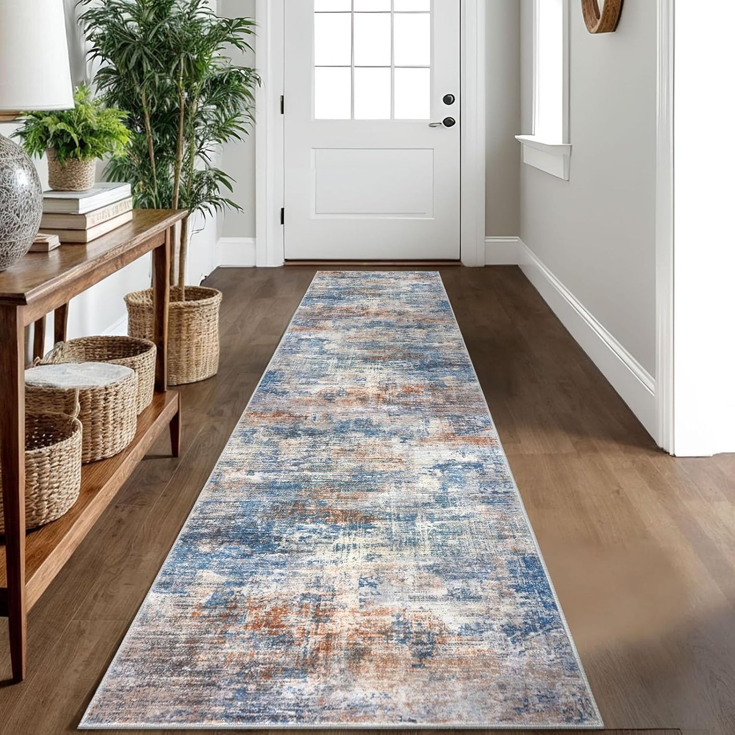 IOHOUZE Abstract Runner Rug 2x10 Ft Washable Runners for Hallways, Non Slip Kitchen Runner Printed Faux Wool Entryway Runner Indoor, Modern Abstract Floor Carpet for Hall Kitchen, Blue Rust