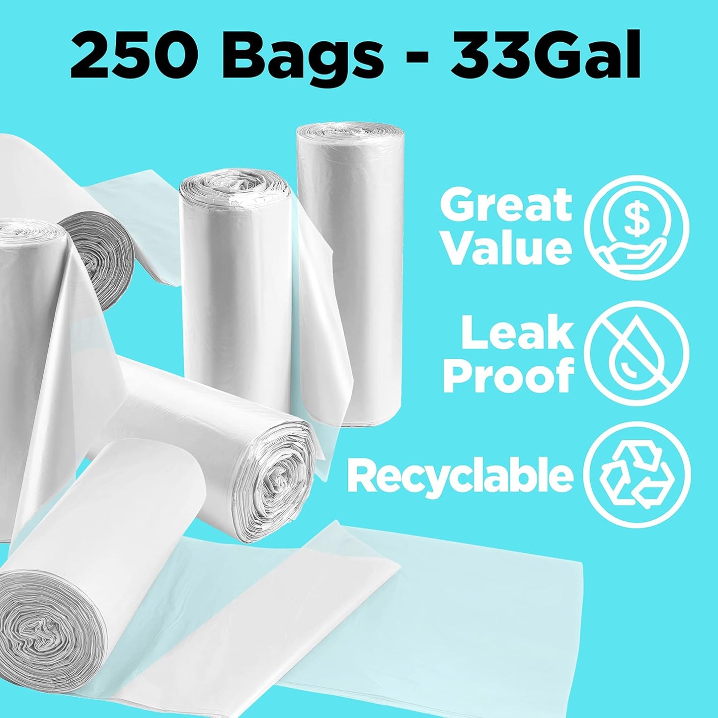 30-33 Gallon Clear Trash Bags Heavy Duty (250 COUNT) - Clear Recycling Garbage Bags 30+ Gallon, 32 Gallon - Made in USA