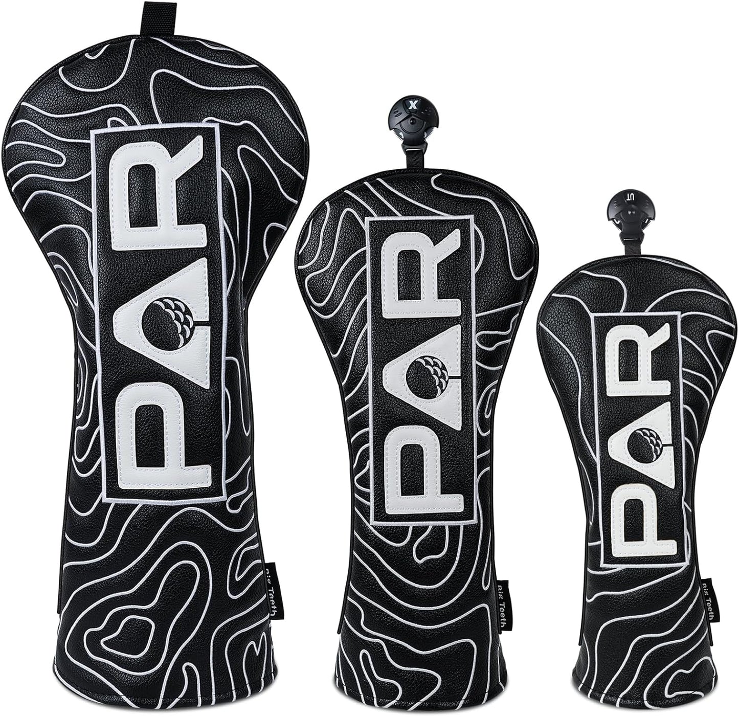 Big Teeth Golf Club Covers Full Set Driver Headcover Fairway Wood Hybrid Golf Club Iron Head Covers, Topographic Edition Putter Cover Leather Golf Head Covers Pure Black, Gifts for Men