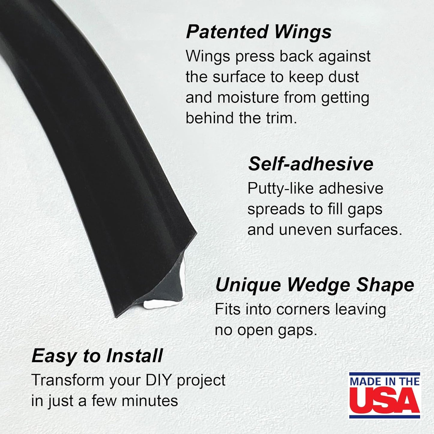 InstaTrim The Original Flexible Trim - 10ft Black 1/2" Wide Caulk Tape - Adhesive Trim with Many Uses Including Caulking for Bathtubs, Sinks, Counters, Tile, Floors - Made in USA