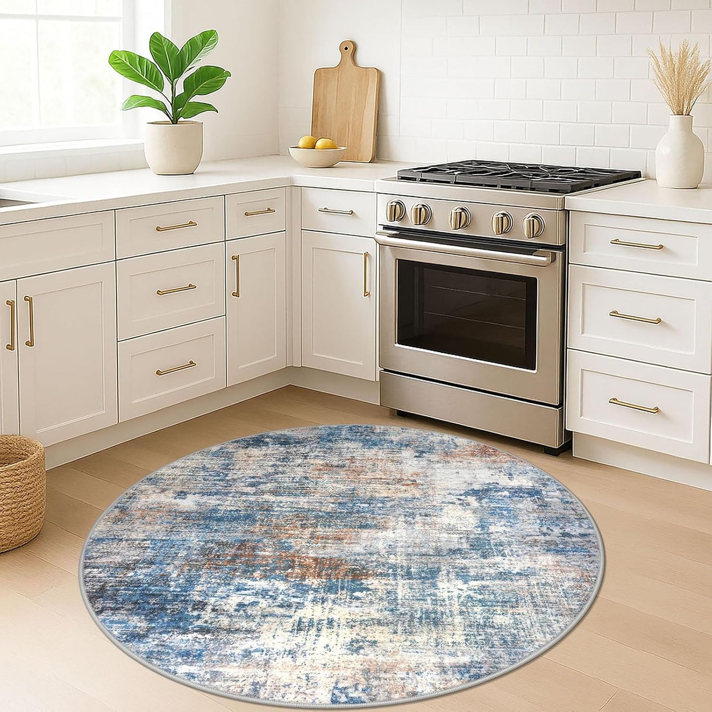IOHOUZE Round Area Rug 5 Ft Circle Entryway Rugs Round Washable Door Mat Indoor Entrance, Non Slip Circle Front Door Rug, Printed Abstract Faux Wool Floor Carpet for Foyer Porch Sink, Blue Rust
