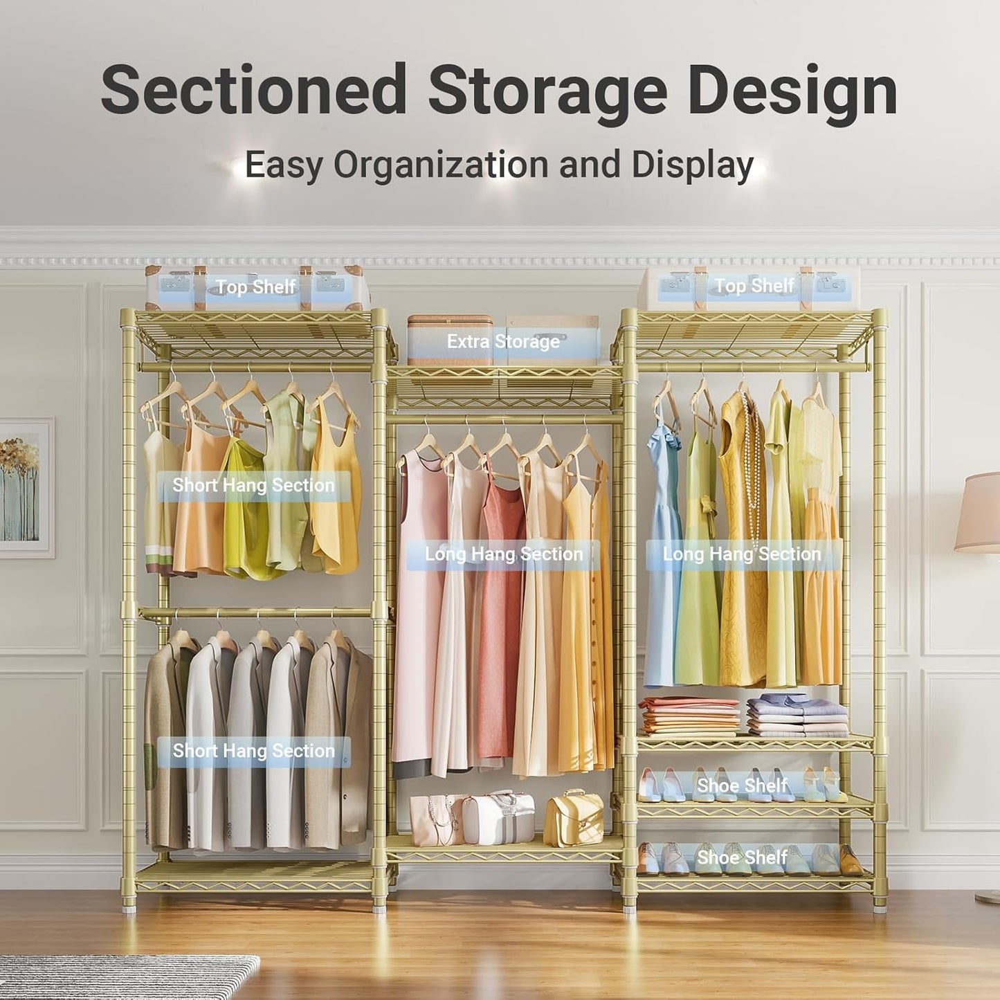 VIPEK V5 Portable Closet Wardrobe Heavy Duty Clothes Rack, Freestanding Metal Clothing Racks Custom Closet Racks with 8 Adjustable Shelves, 68.9" Lx15.7 Wx76.4 H, Max Load 890LBS, Gold