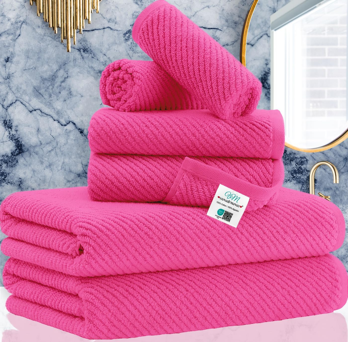 Hot Pink Towels - 100% Cotton, Soft, Quick Dry, Lightweight, Towel Set of 6, 2 Large Bath 30"x56", 2 Thick Hand 18"x28", 2 Absorb Washcloths 13"x13", Pink Bath Towel with Hanging Loop, Luxury Gift Set