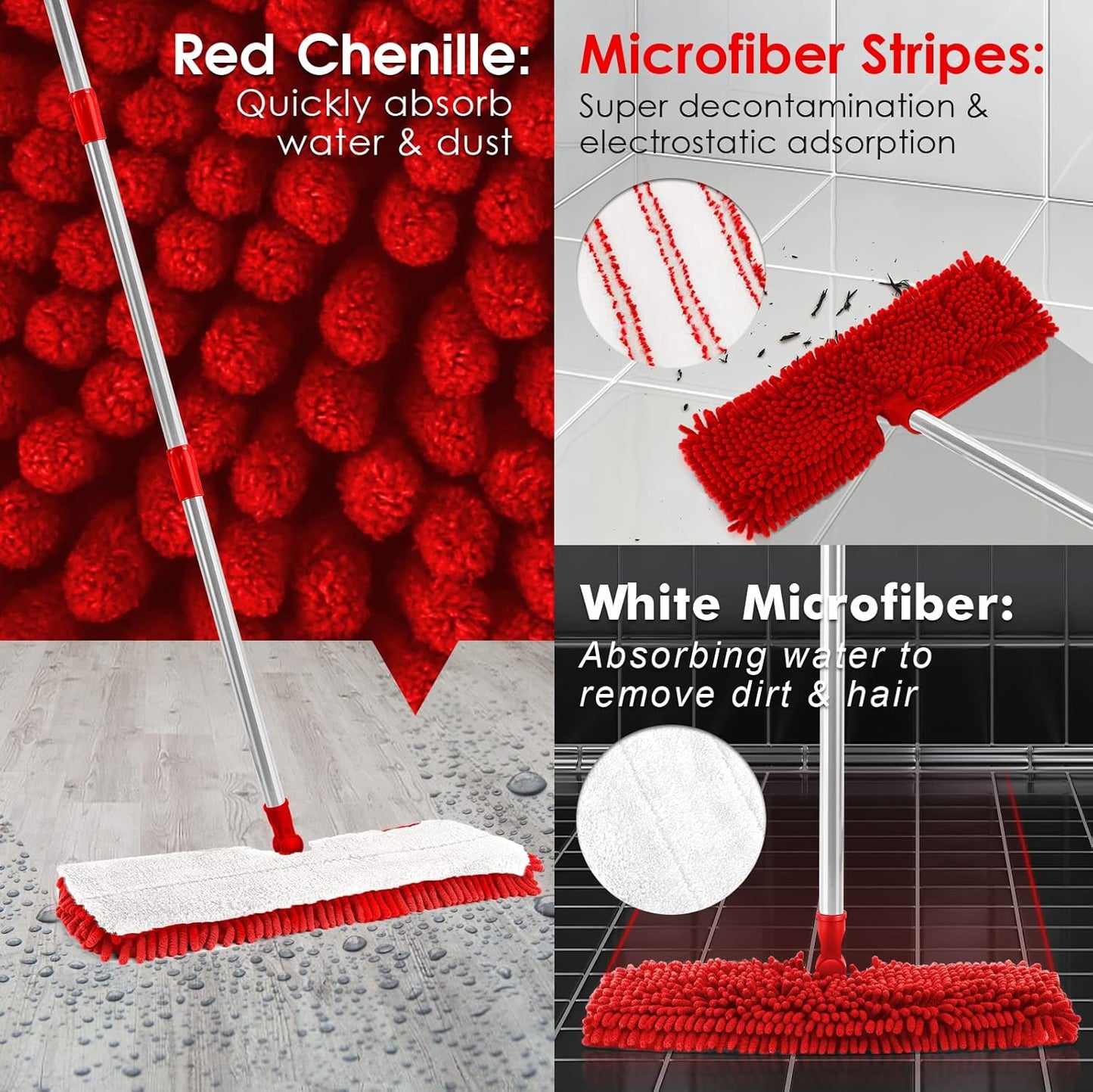 MASTERTOP Microfiber Mop for Floor Cleaning, Hardwood Dust Mop, Wet Mopping with 4 Washable Replacement Mop Pads, Floor Mops for Cleaning with 1 Scraper- White & Red