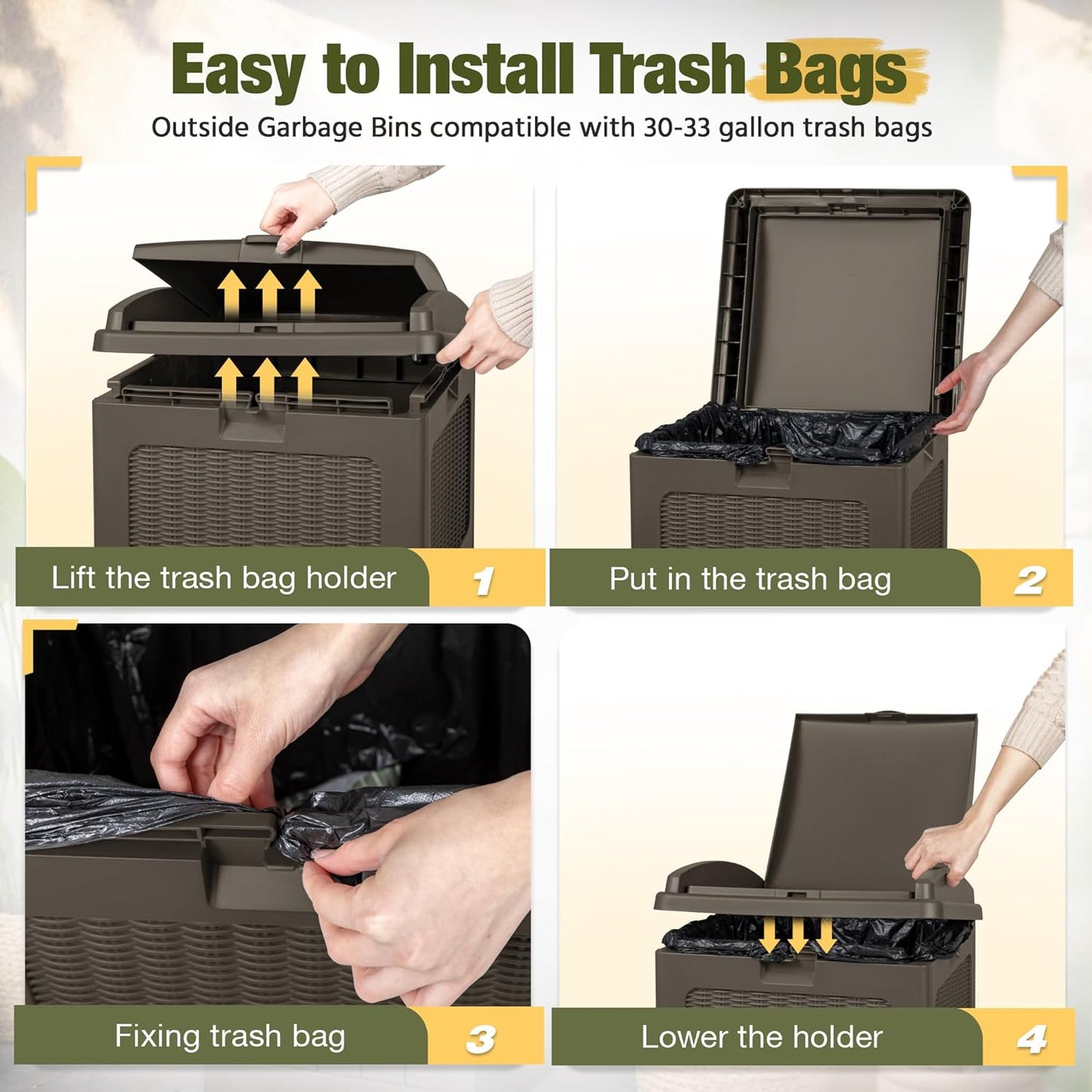 Devoko 33 Gallon Outdoor Trash Can with Dual Lid, Heavy Duty Waterproof Resin Garbage Bins Outside, Hideaway Waste Bins for Patio, Outside Pool, Backyard and Deck (2, Deep Brown)