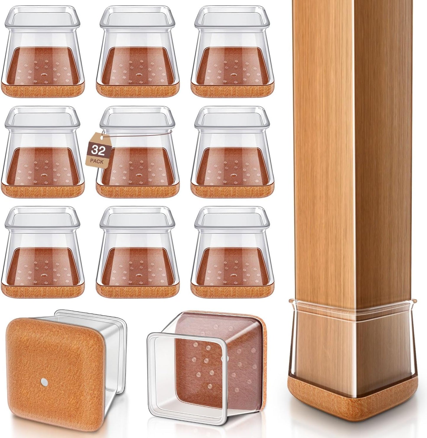 Chair Leg Floor Protectors Square Chair Leg Protectors for Hardwood Floors Silicone Caps Felt Strengthen Bottom Protection Anti-Scratch Reduce Noise 32 Pack Clear Square M Fit:13/16" to 1" (20-26mm)