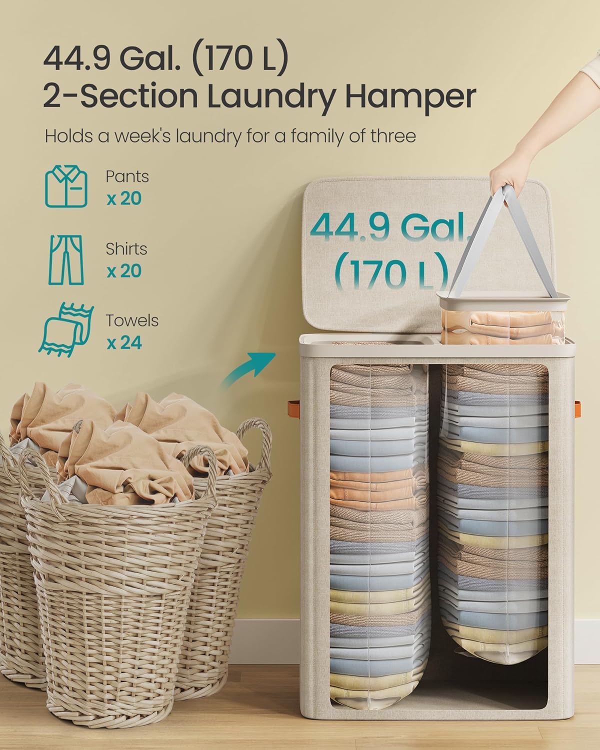 SONGMICS Laundry Basket, 44.9 Gal. Laundry Hamper, 2 Compartments, Easy Assembly, with Lid and Handles, Removable Liners, 22 x 15.7 x 29.5 Inches, Cappuccino Beige ULCB813L01