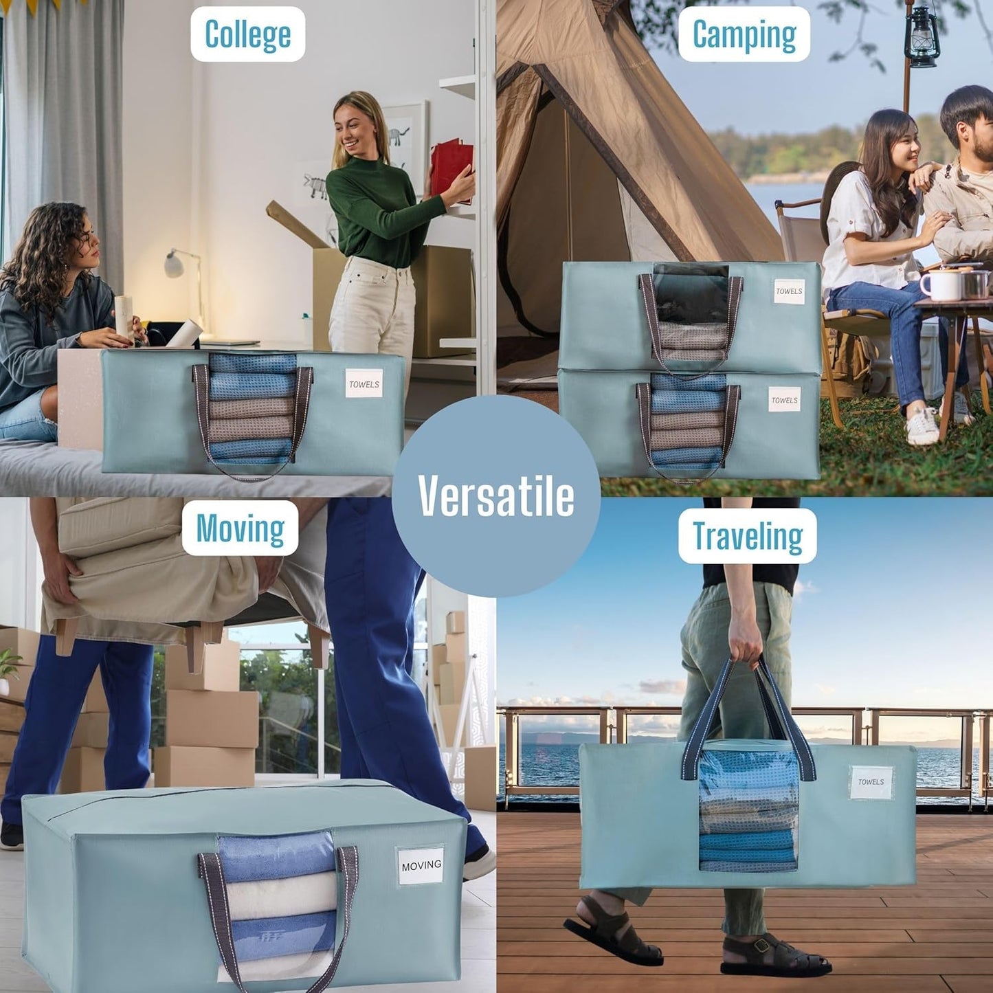 VENO 4 Pack Moving Bags for College, Heavy-Duty Storage Totes, Moving Boxes and Wardrobe Packing Supplies Alternative - Extra Large Durable Laundry Bags for Clothes (Light Blue Matte, 4 Pack)