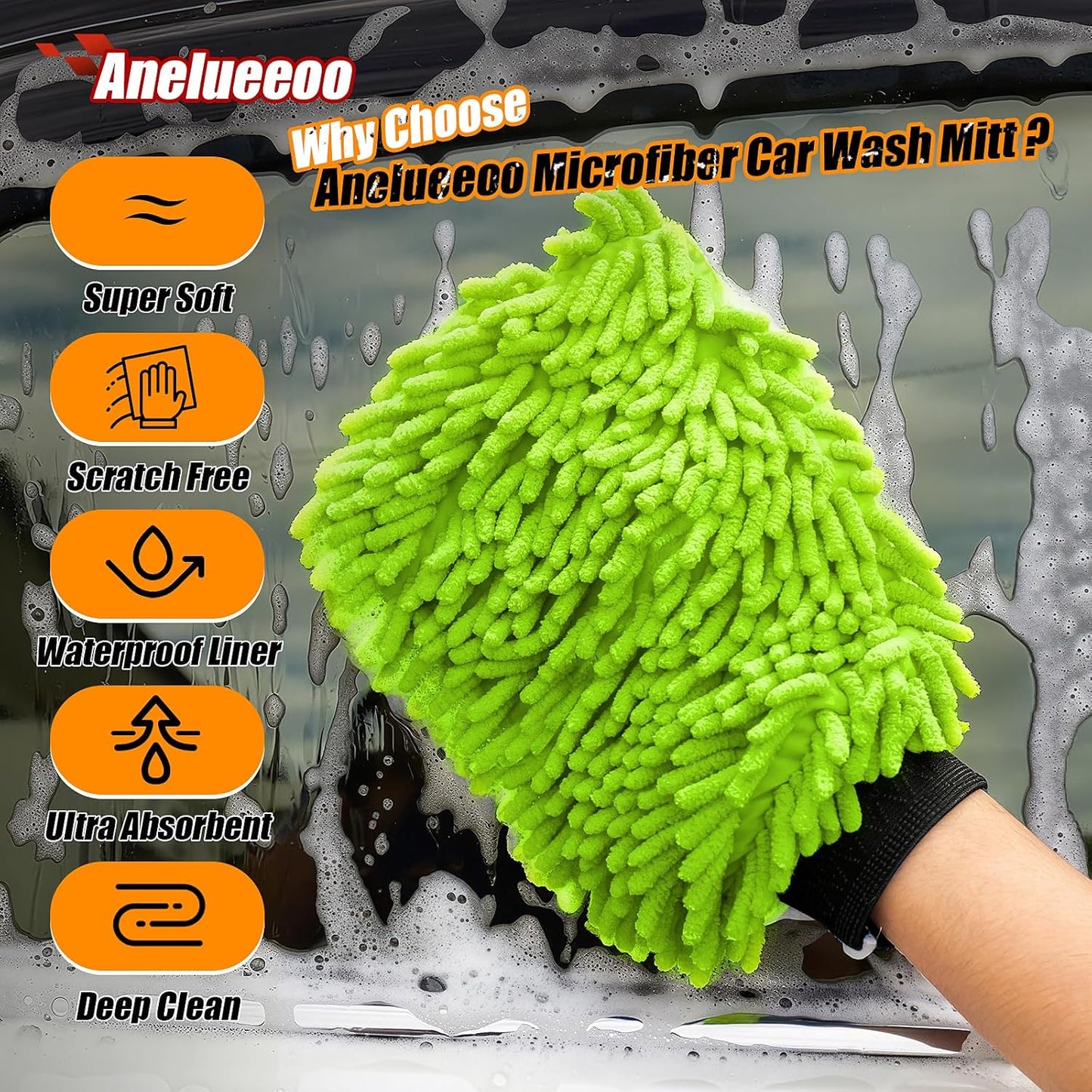 Car Wash Mitt Microfiber, Premium Chenille Microfiber Wash Car Mitts Sponge Scratch Free & Lint-Free, Mitts Waterproof Lining 2 Pack Green (8''X12'')