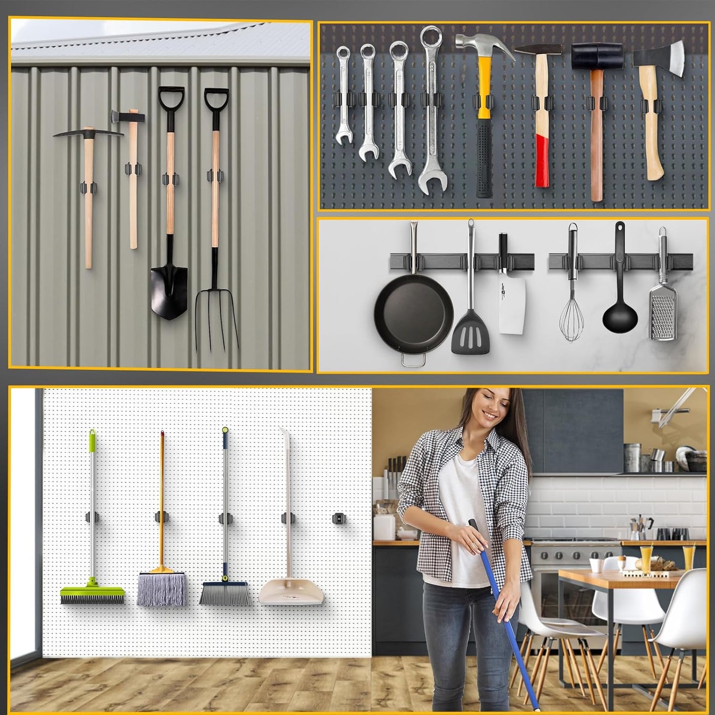 Upgraded Magnetic Broom and Mop Holder Wall Mount, Space-Saving Heavy Duty No Drill Over the Door Broom Gripper RV Camper Wall Organizer,Black,4 Pcs